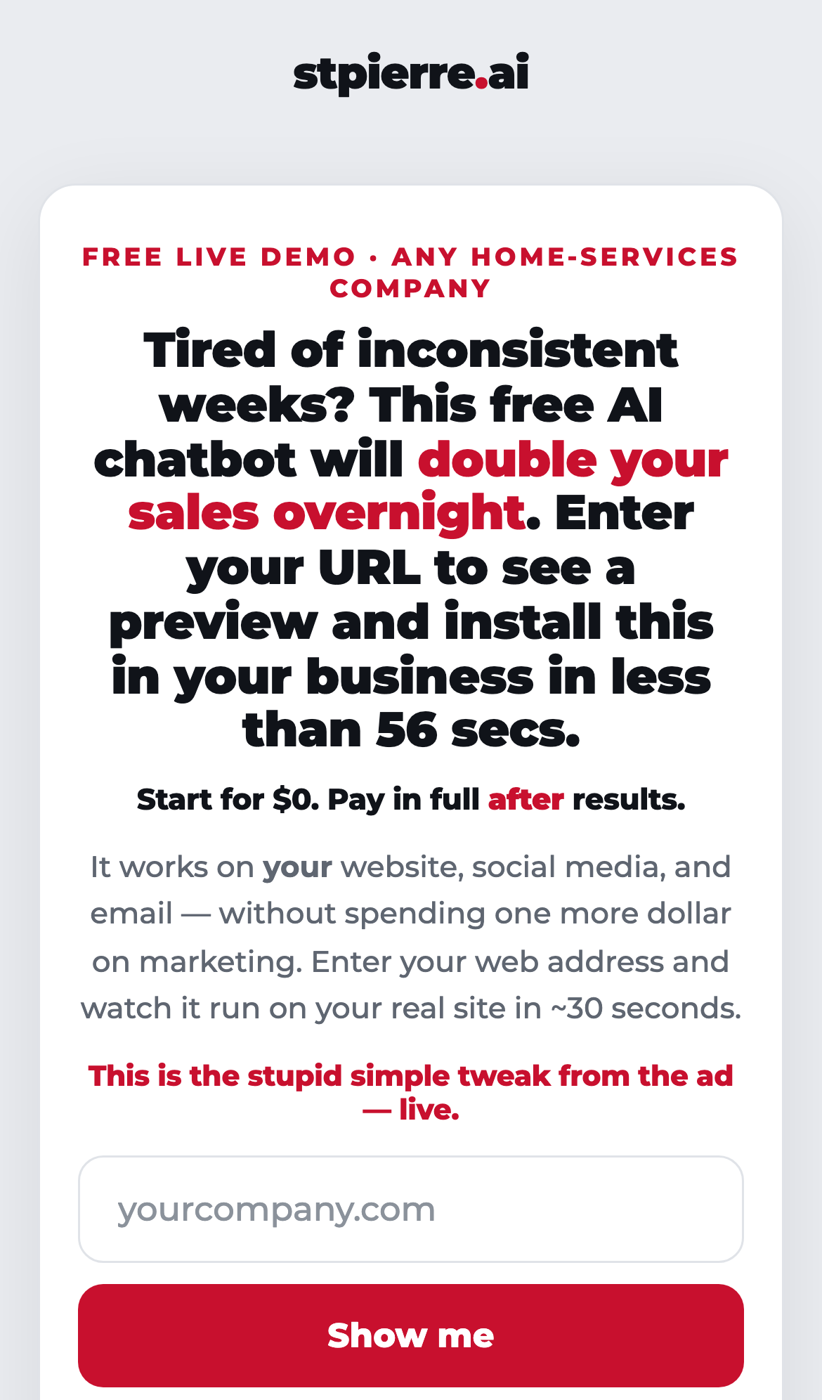 Real captured screenshot from the live booking demo: Demo landing page