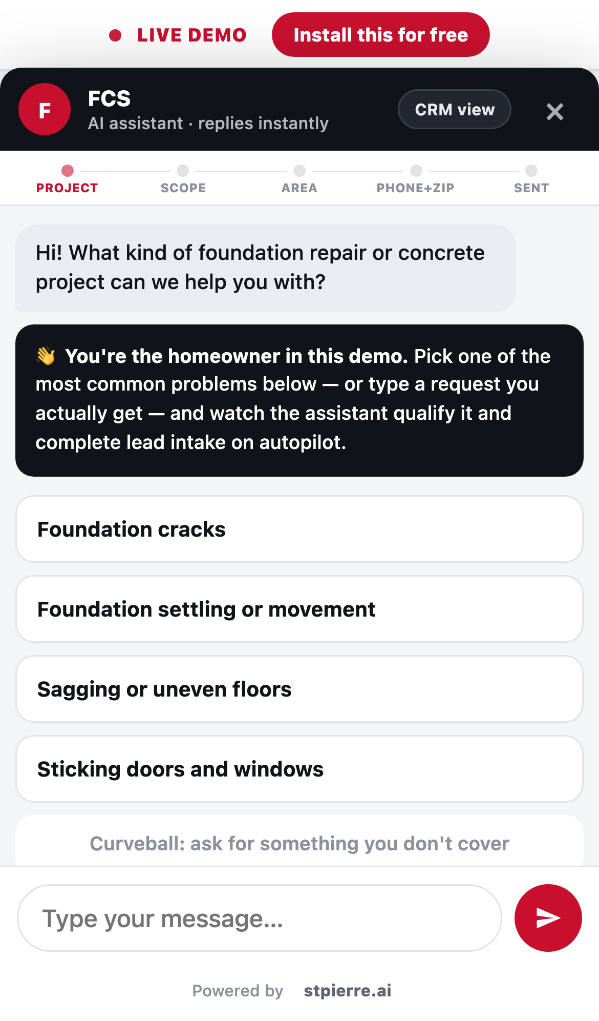 Real captured screenshot from the live booking demo: Chatbot greeting the visitor
