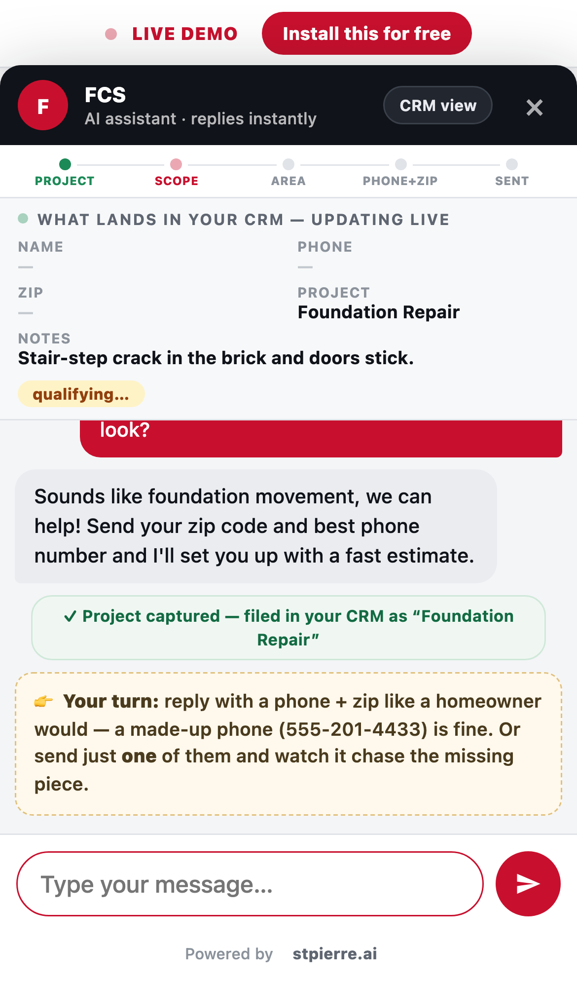 Real captured screenshot from the live booking demo: Chatbot qualifying the lead