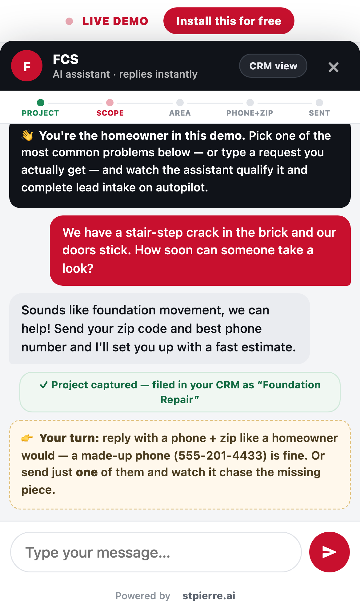 Real captured screenshot from the live booking demo: Lead details captured