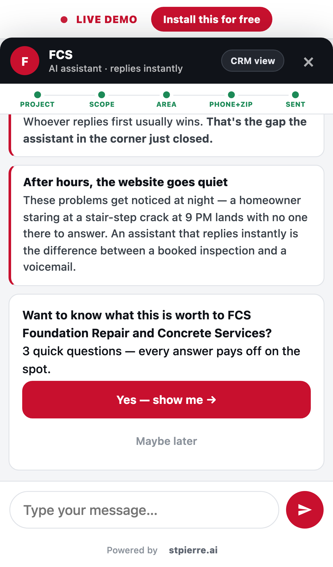 Real captured screenshot from the live booking demo: Completed lead card