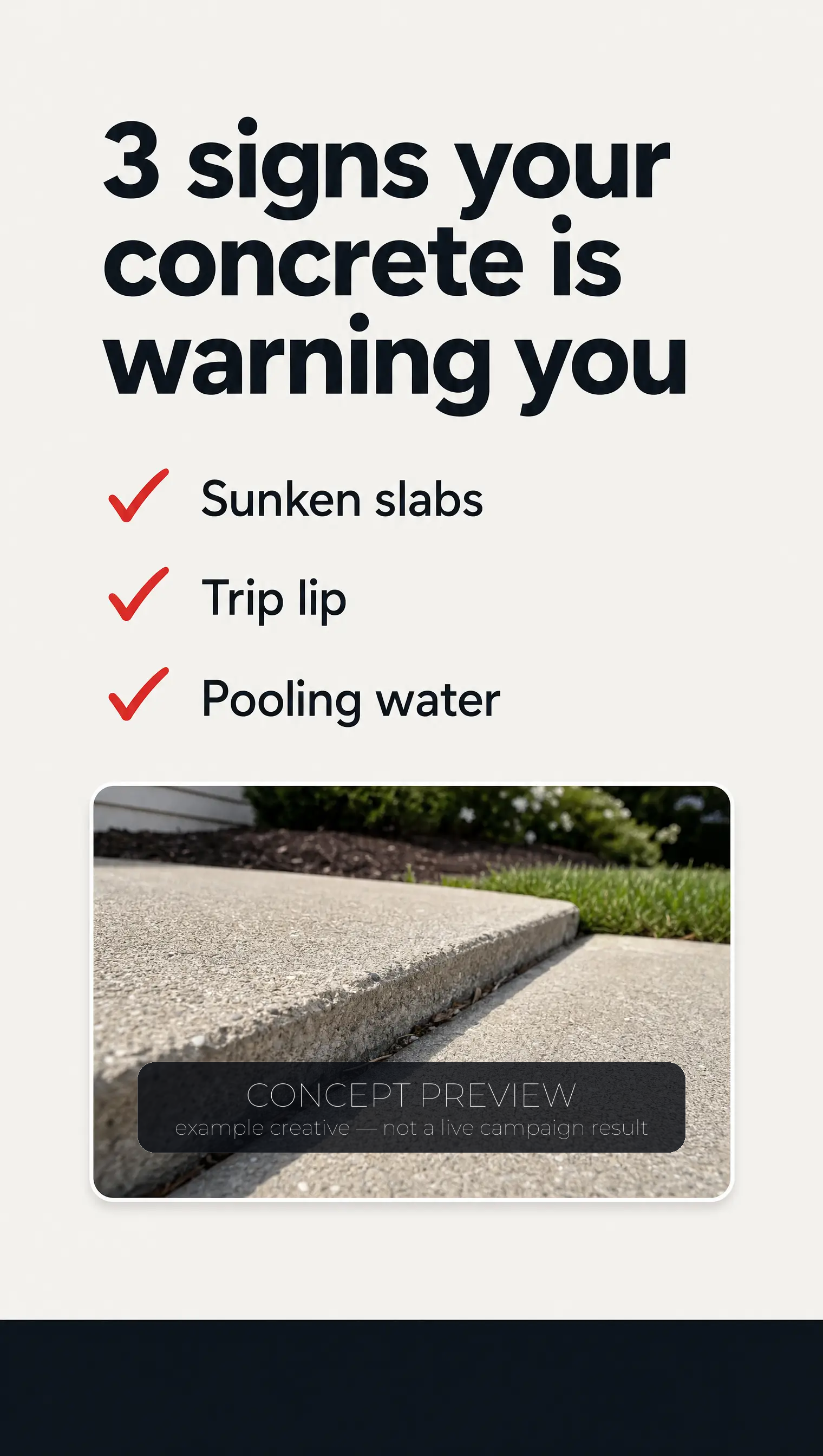 Concrete Leveling — 4 Sinking-Concrete Warning Signs Checklist example picture — concept preview, not a live campaign result