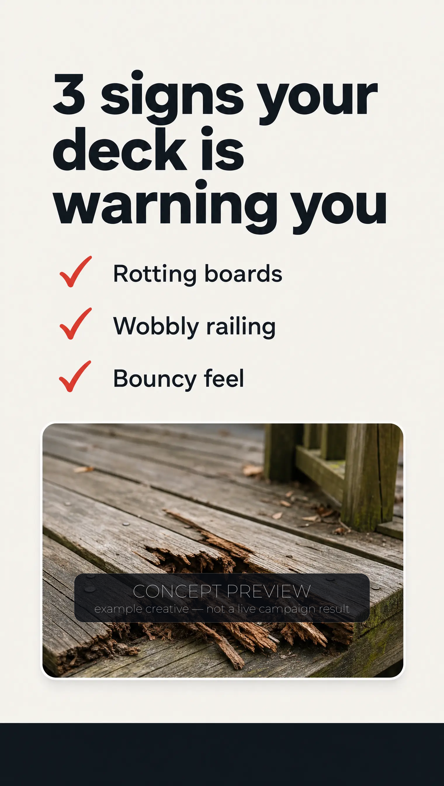 Deck Replacement — 5 Deck Warning Signs Checklist example picture — concept preview, not a live campaign result