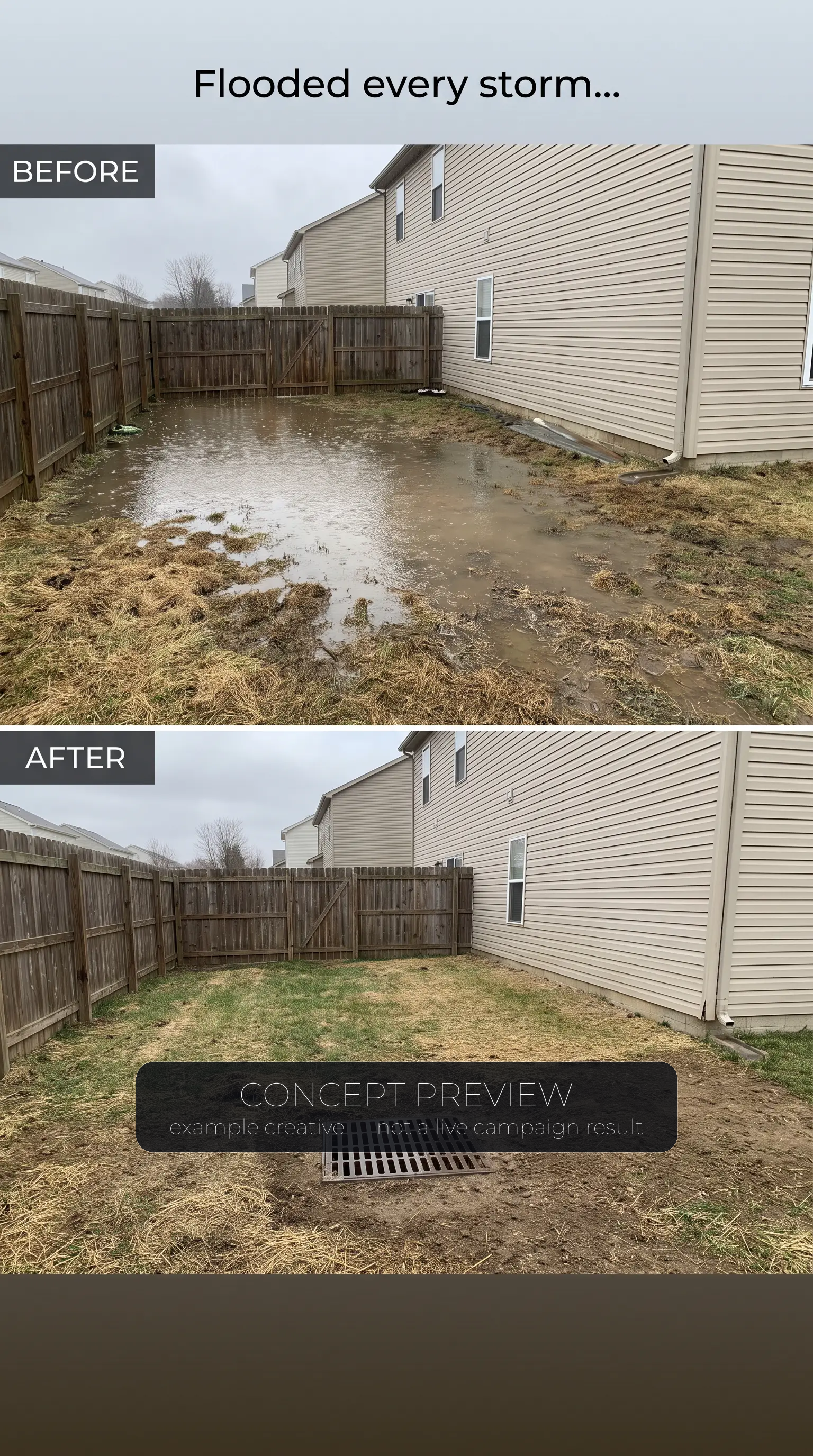Drainage Correction — Flooded Yard to Dry — One Real Drainage Job example picture — concept preview, not a live campaign result
