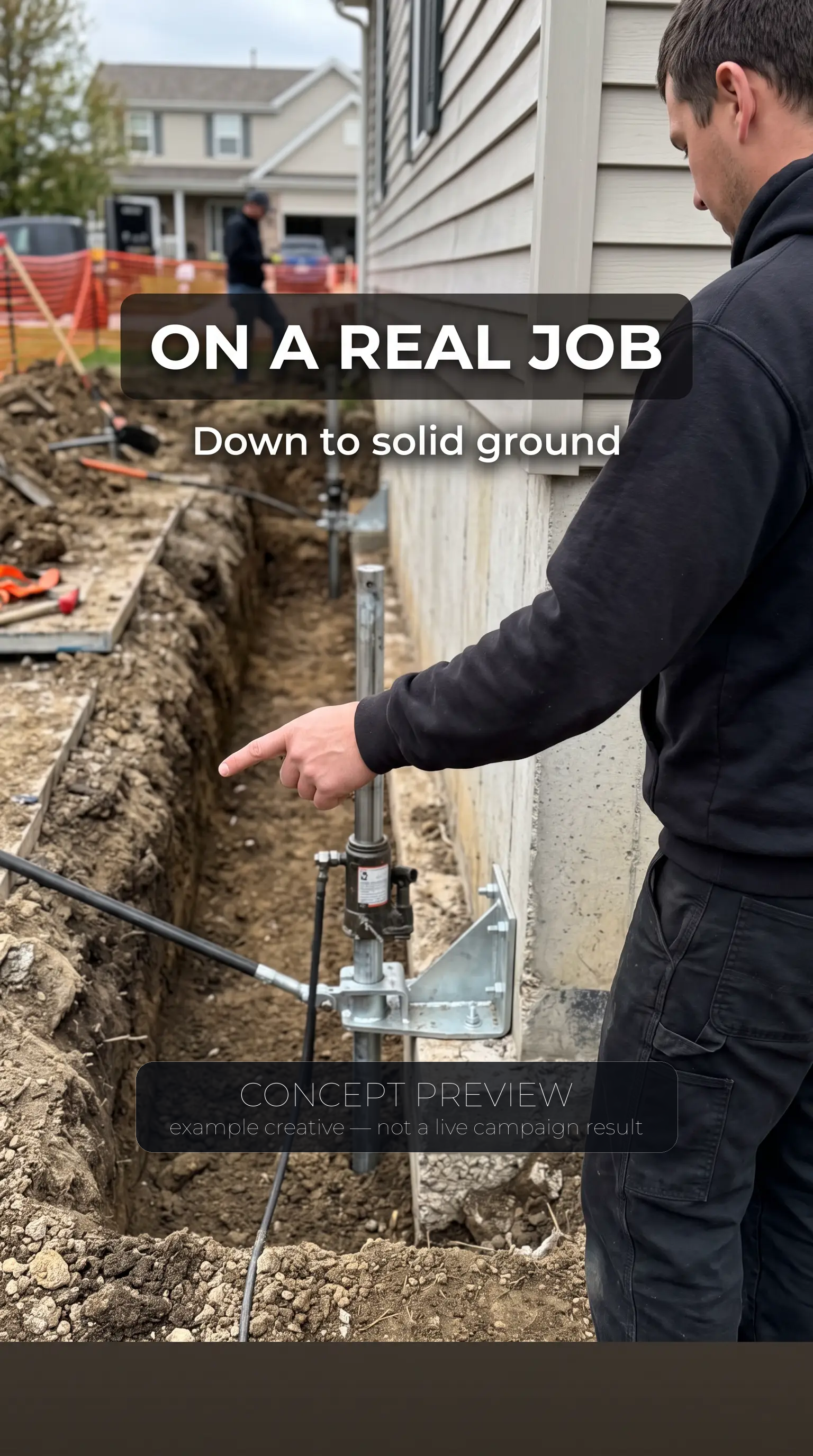 Foundation Repair — On a Real Pier Job — 3 Things Homeowners Never Check concept ad frame — concept preview, not a live campaign result