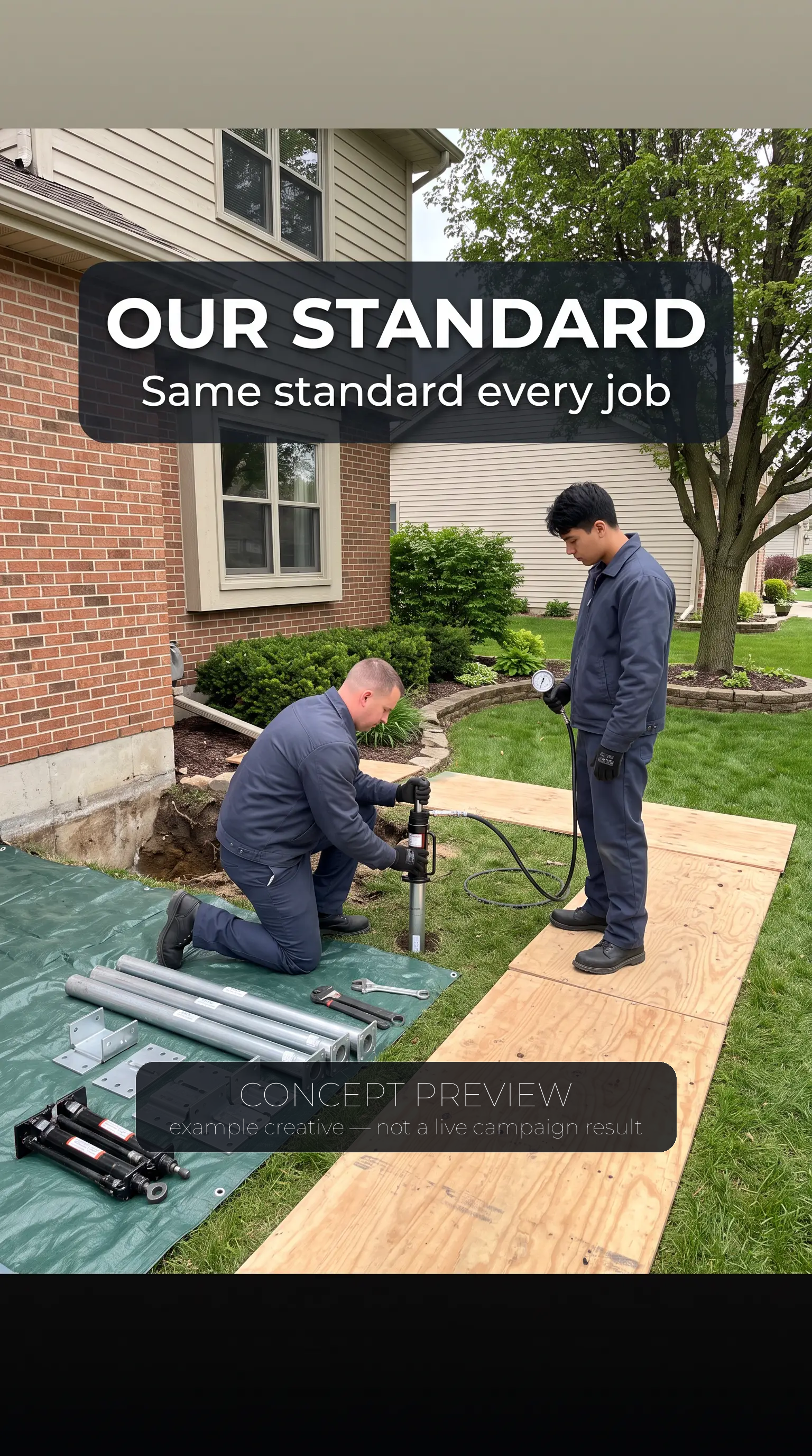 Foundation Repair — Our Documented Foundation Repair Standard concept ad frame — concept preview, not a live campaign result