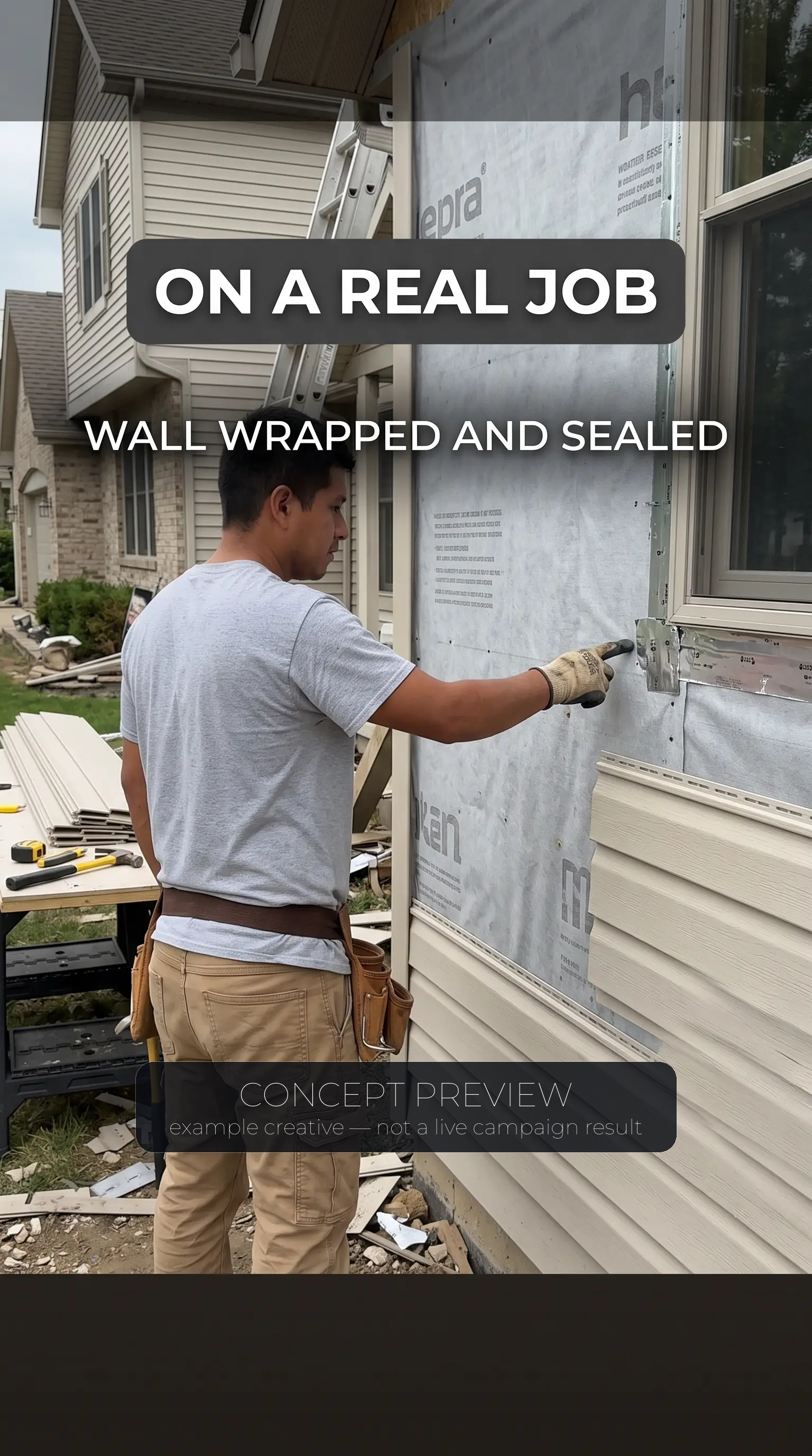 Siding Replacement concept ad frame for lane Jobsite education — concept preview, not a live campaign result