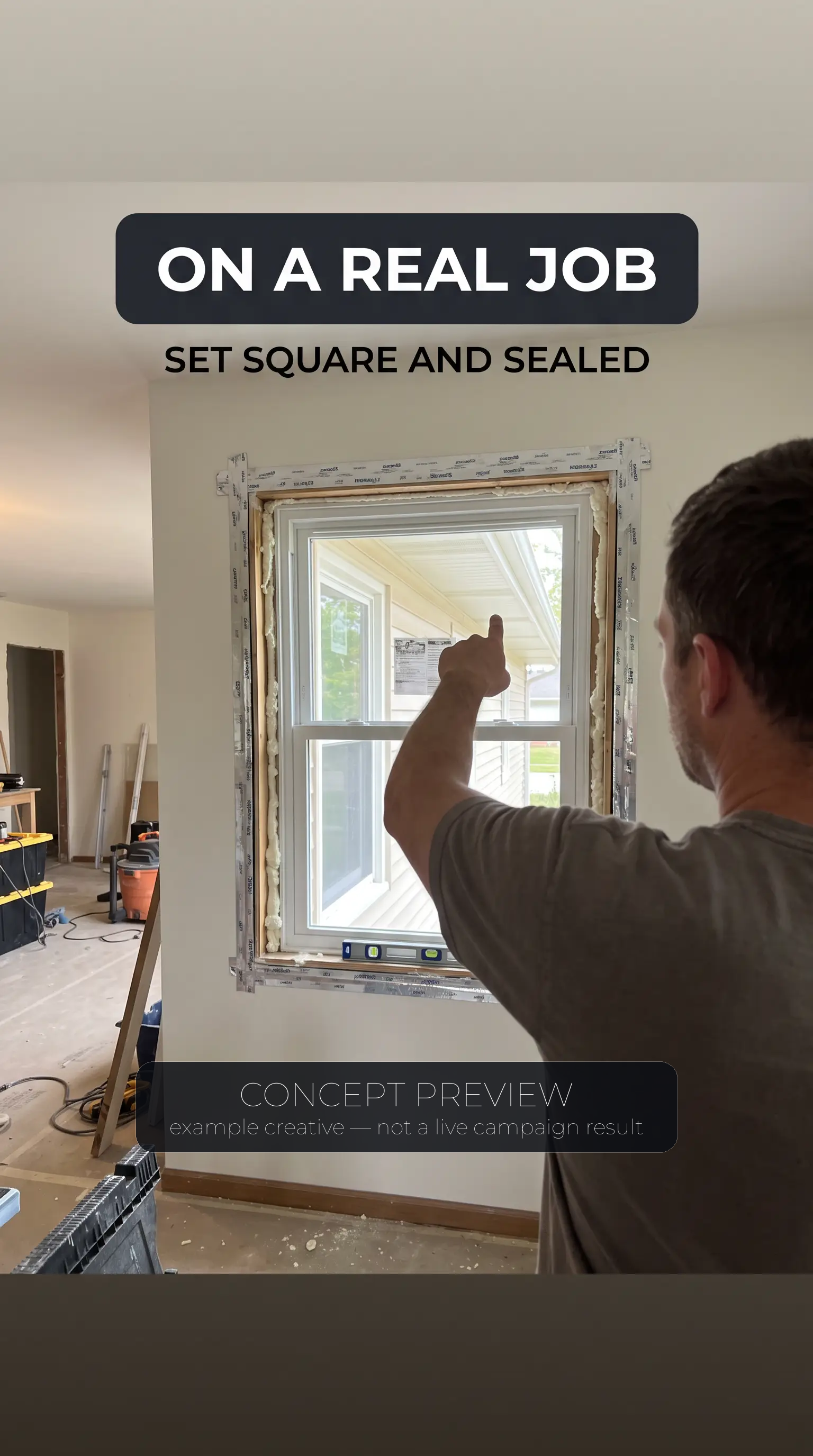 Window Replacement — On a Real Window Job — 3 Things Homeowners Never Check concept ad frame — concept preview, not a live campaign result
