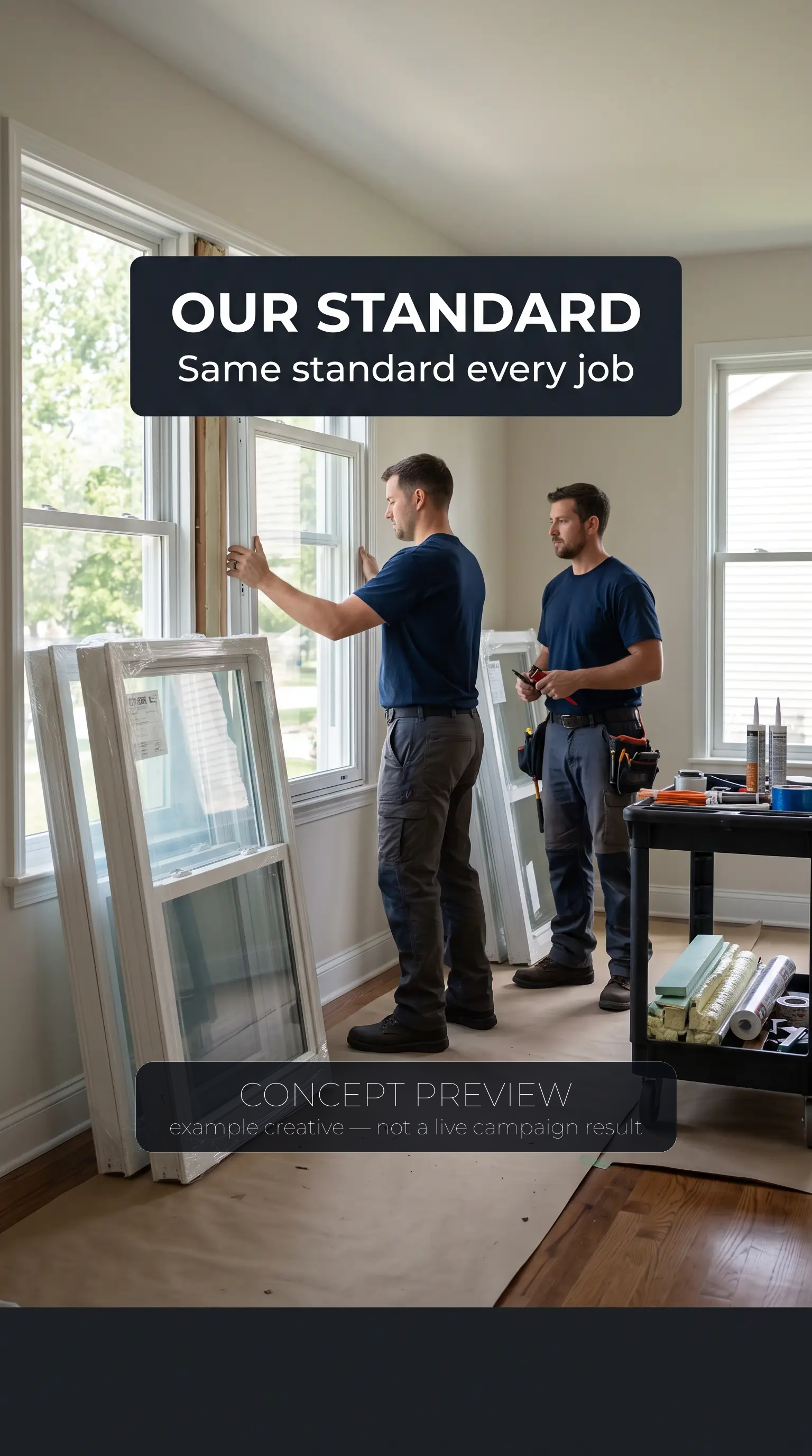 Window Replacement — Our Documented Window Install Standard concept ad frame — concept preview, not a live campaign result