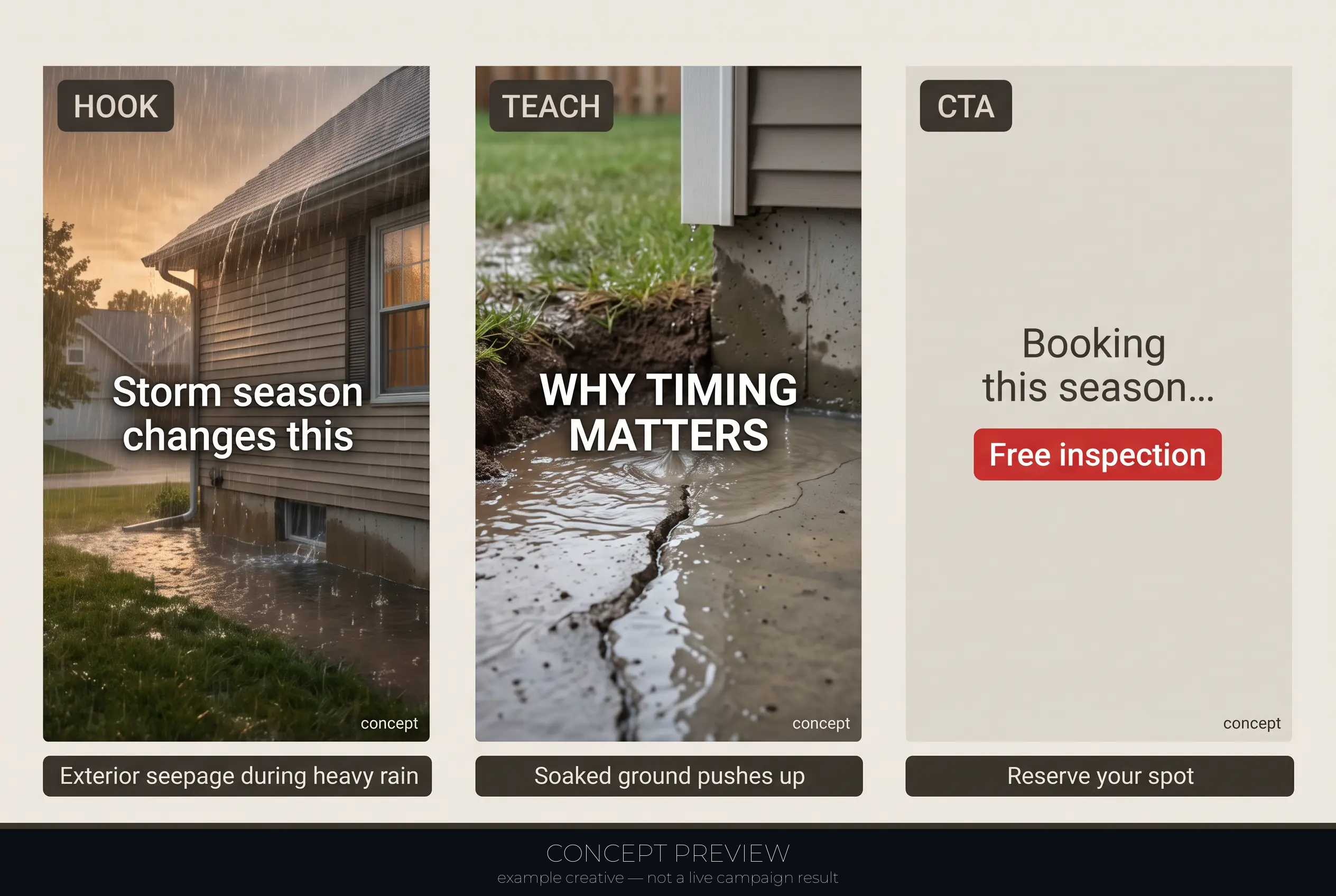 Basement Waterproofing — Storm-Season Timing — Don't Wait for the Flood 3-panel storyboard (hook, teach, CTA) — concept preview, not a live campaign result