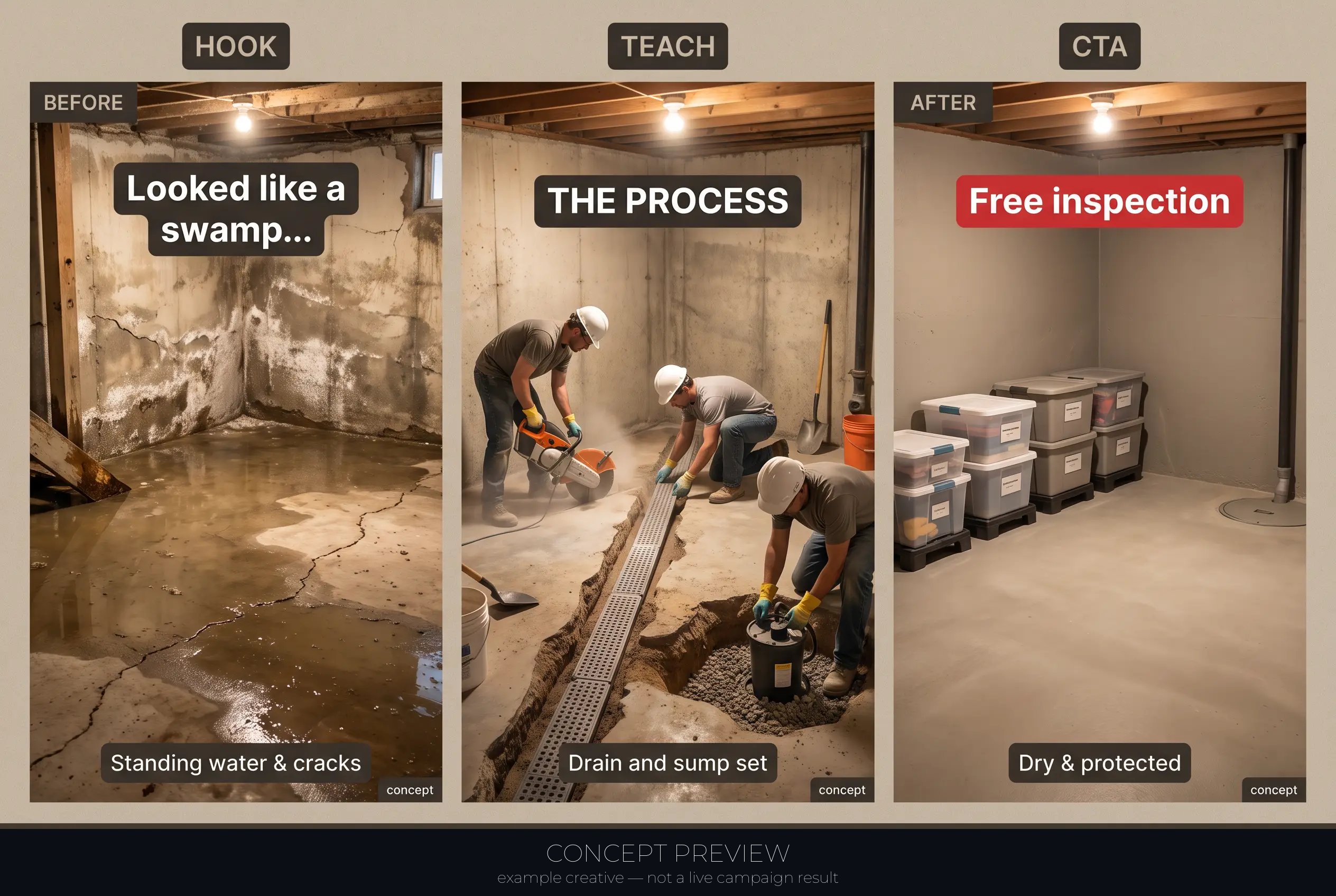 Basement Waterproofing — Flooded to Dry — One Real Basement Job 3-panel storyboard (hook, teach, CTA) — concept preview, not a live campaign result