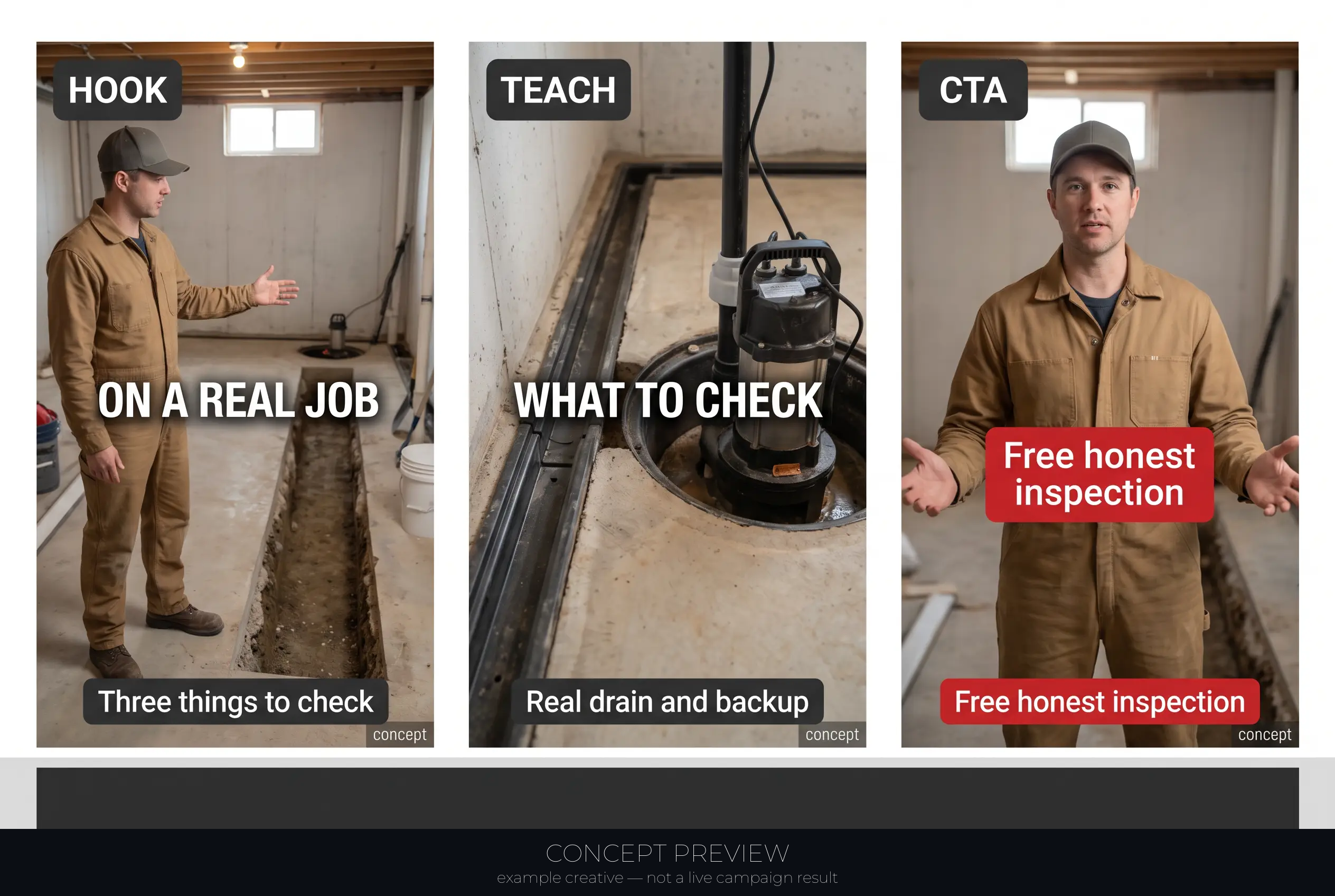 Basement Waterproofing — On a Real Drain Job — 3 Things Homeowners Never Check 3-panel storyboard (hook, teach, CTA) — concept preview, not a live campaign result