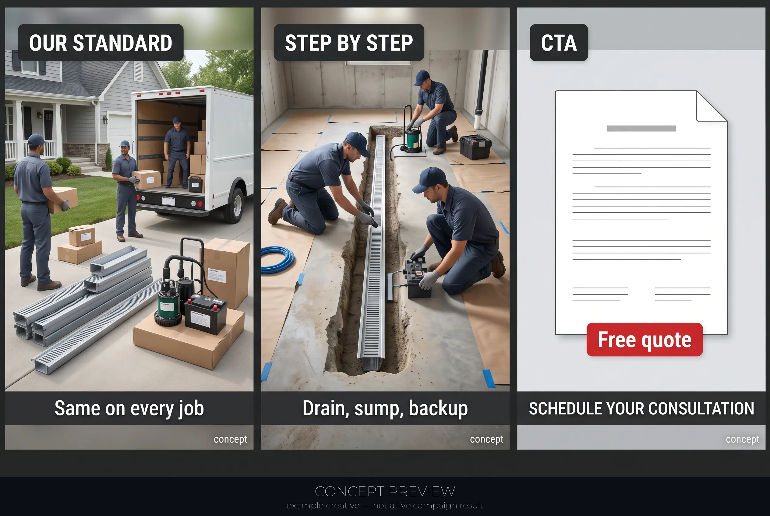 Basement Waterproofing — Our Documented Waterproofing Standard 3-panel storyboard (hook, teach, CTA) — concept preview, not a live campaign result