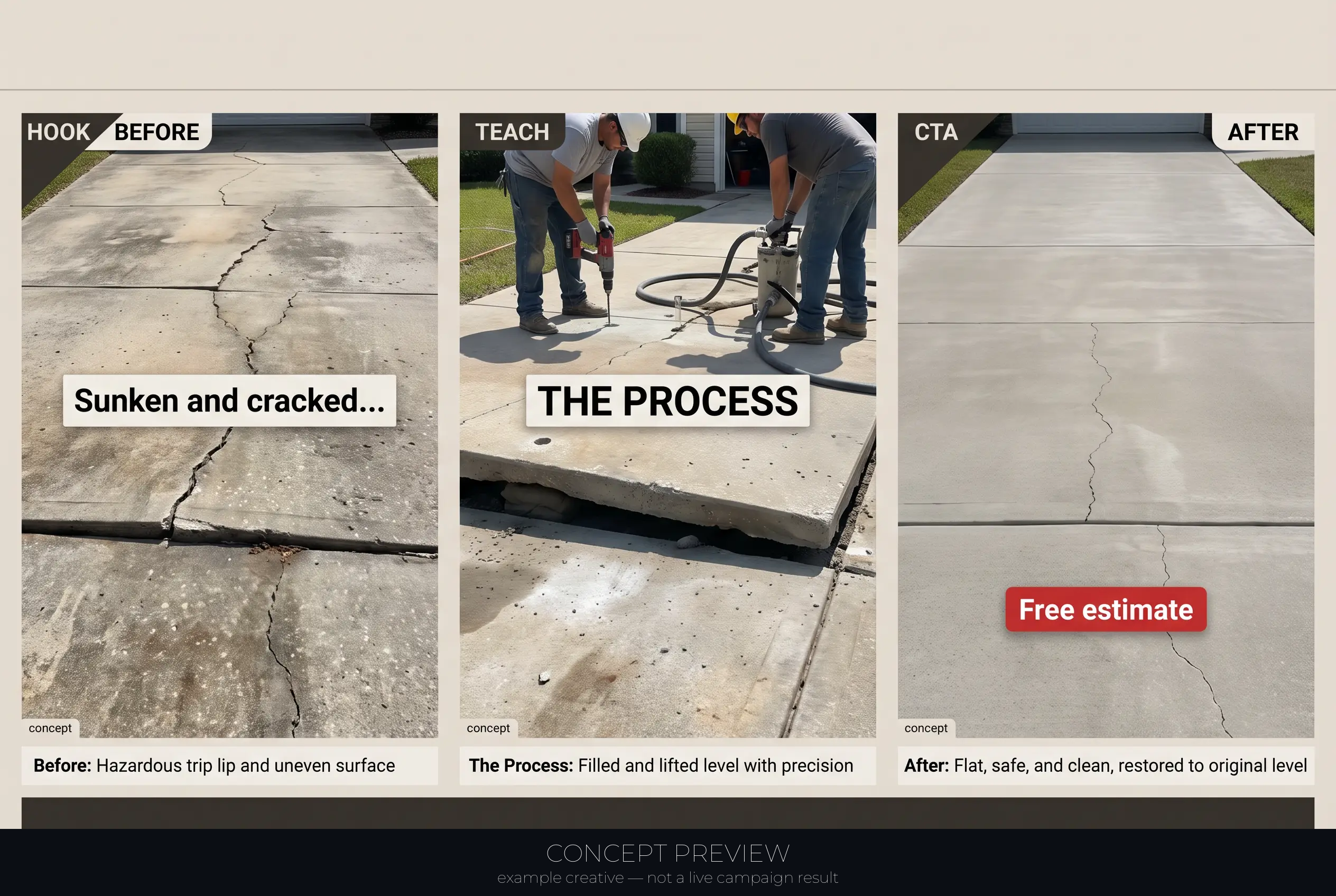 Concrete Leveling — Sunken, Cracked Driveway to Level — One Real Job 3-panel storyboard (hook, teach, CTA) — concept preview, not a live campaign result