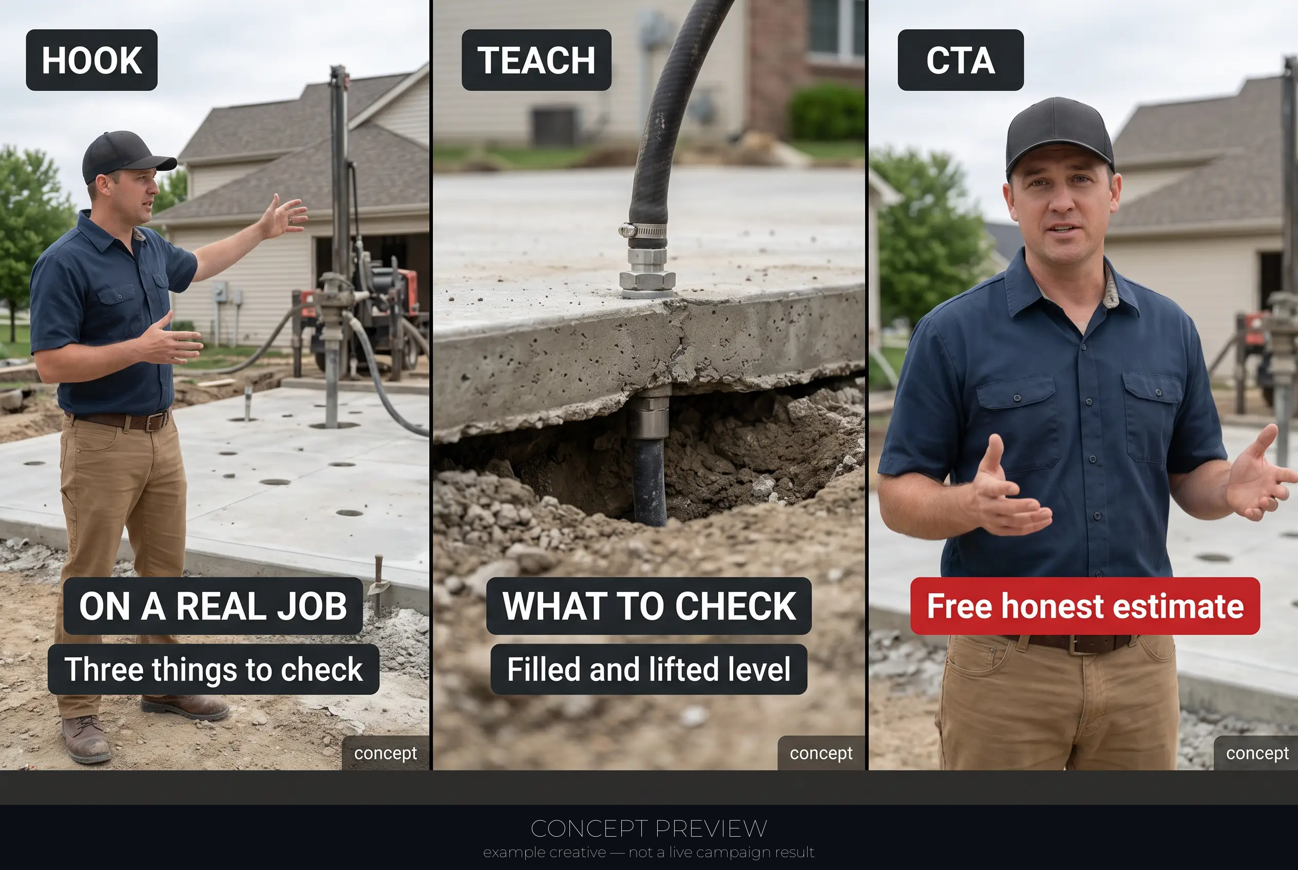 Concrete Leveling — On a Real Leveling Job — 3 Things Homeowners Never Check 3-panel storyboard (hook, teach, CTA) — concept preview, not a live campaign result