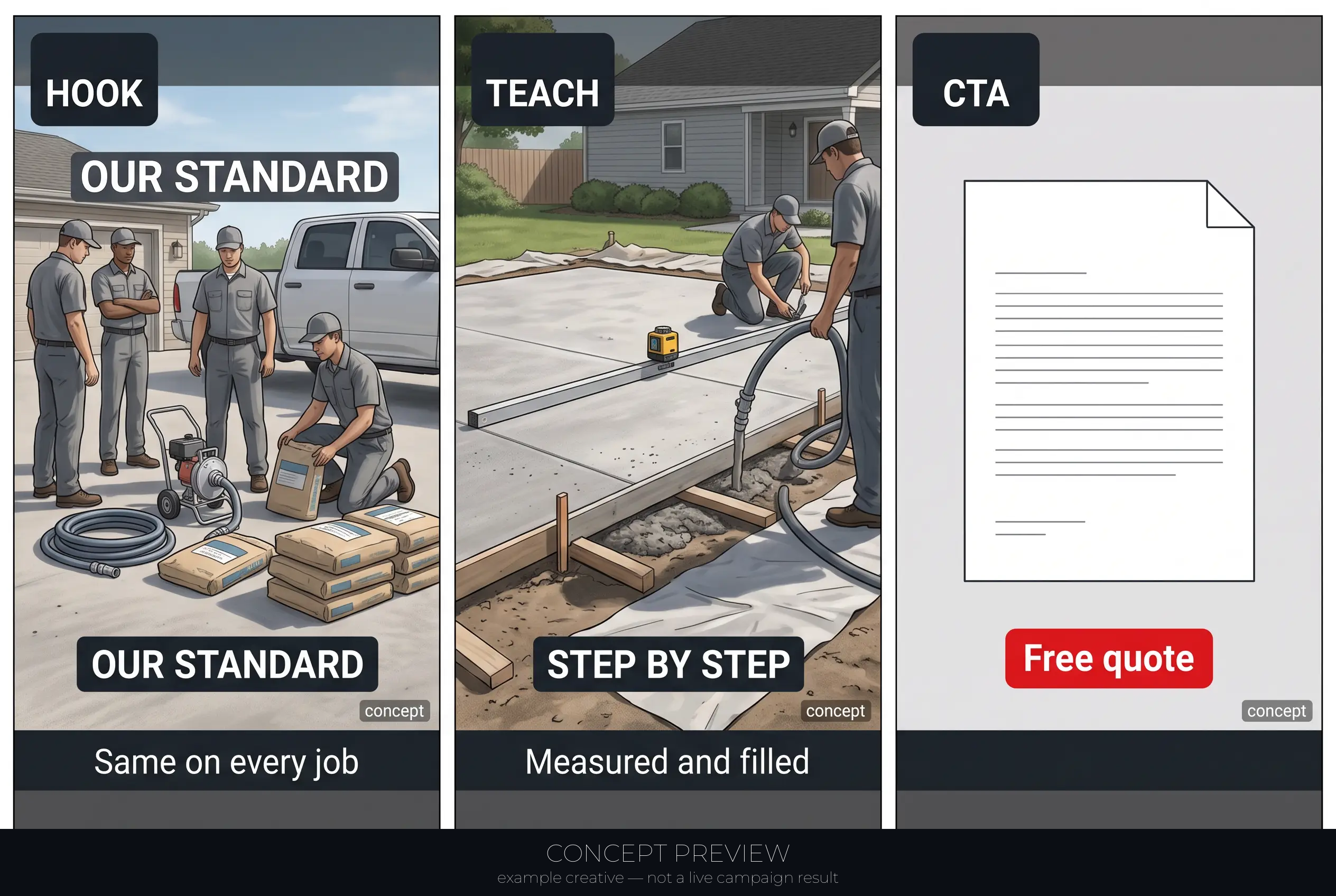 Concrete Leveling — Our Documented Concrete Leveling Standard 3-panel storyboard (hook, teach, CTA) — concept preview, not a live campaign result