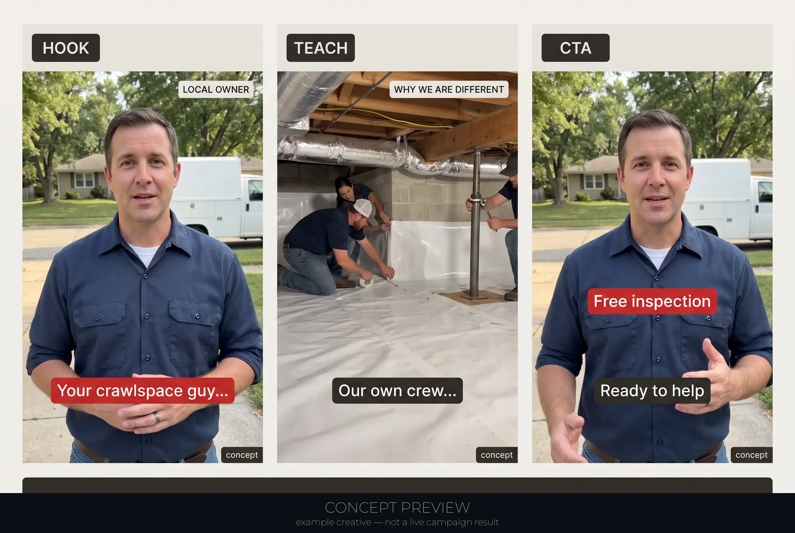 Crawlspace Repair — Local Owner Intro + Free Crawlspace Inspection Offer 3-panel storyboard (hook, teach, CTA) — concept preview, not a live campaign result