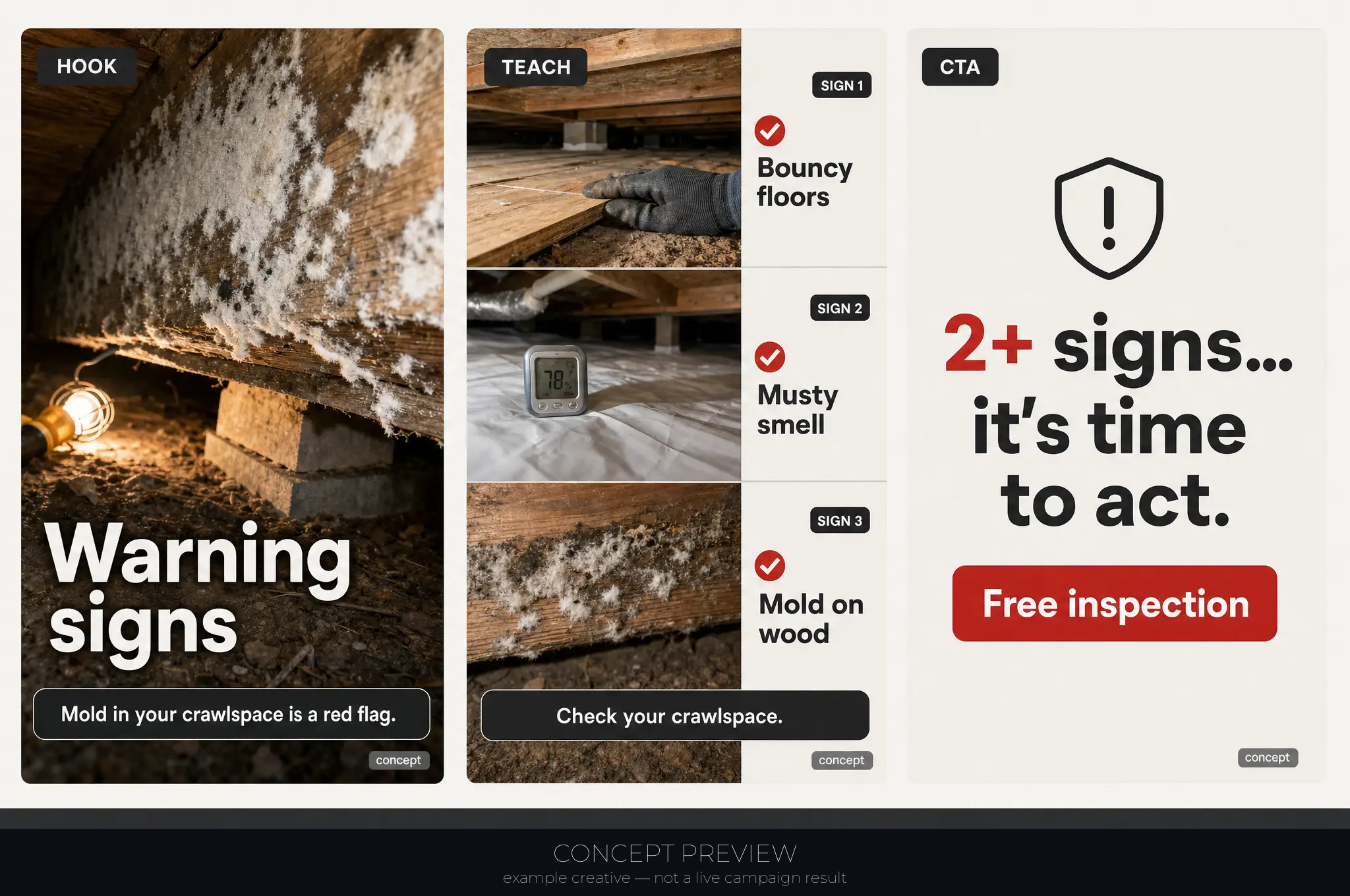 Crawlspace Repair — 4 Crawlspace Warning Signs Checklist 3-panel storyboard (hook, teach, CTA) — concept preview, not a live campaign result