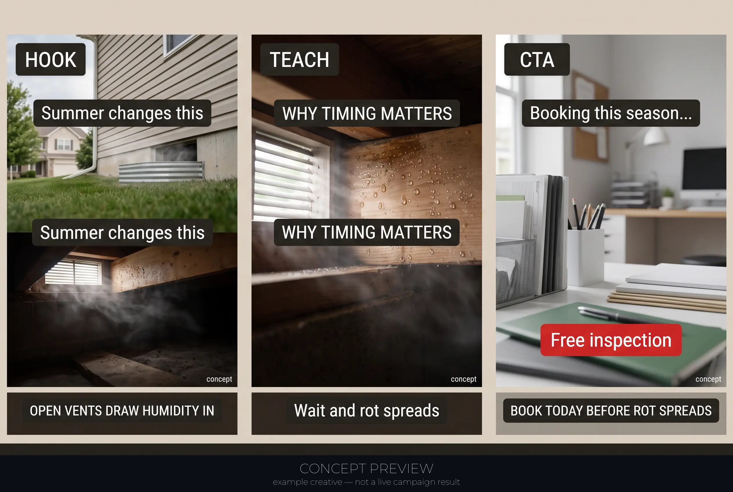 Crawlspace Repair — Summer Humidity Timing — Seal Before Rot Spreads 3-panel storyboard (hook, teach, CTA) — concept preview, not a live campaign result