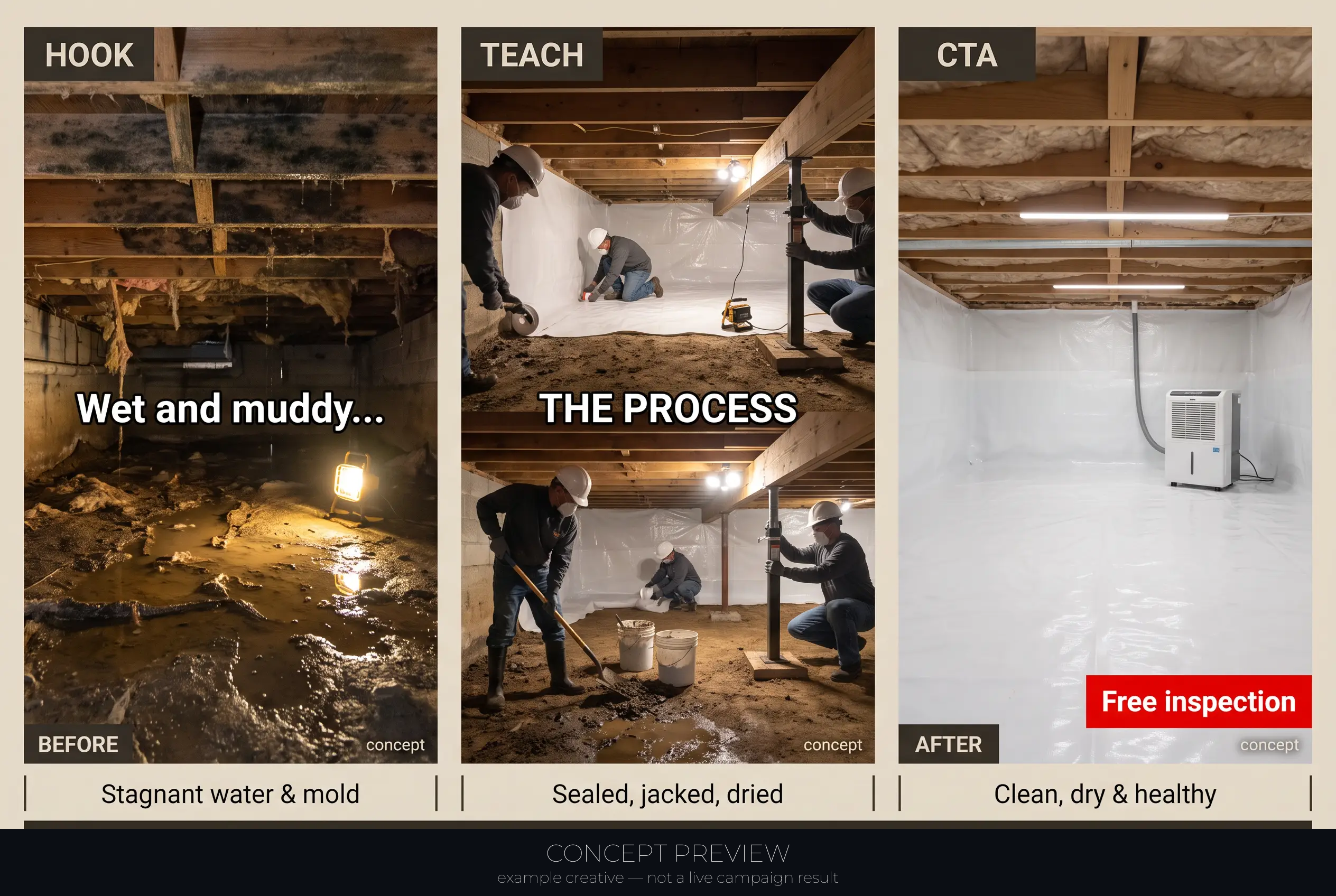Crawlspace Repair — Wet, Muddy Crawlspace to Sealed and Dry — One Real Job 3-panel storyboard (hook, teach, CTA) — concept preview, not a live campaign result