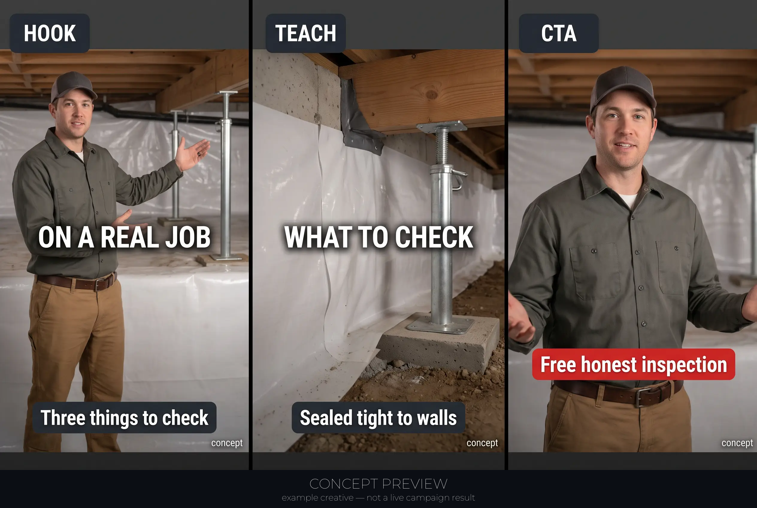 Crawlspace Repair — On a Real Crawlspace Job — 3 Things Homeowners Never Check 3-panel storyboard (hook, teach, CTA) — concept preview, not a live campaign result