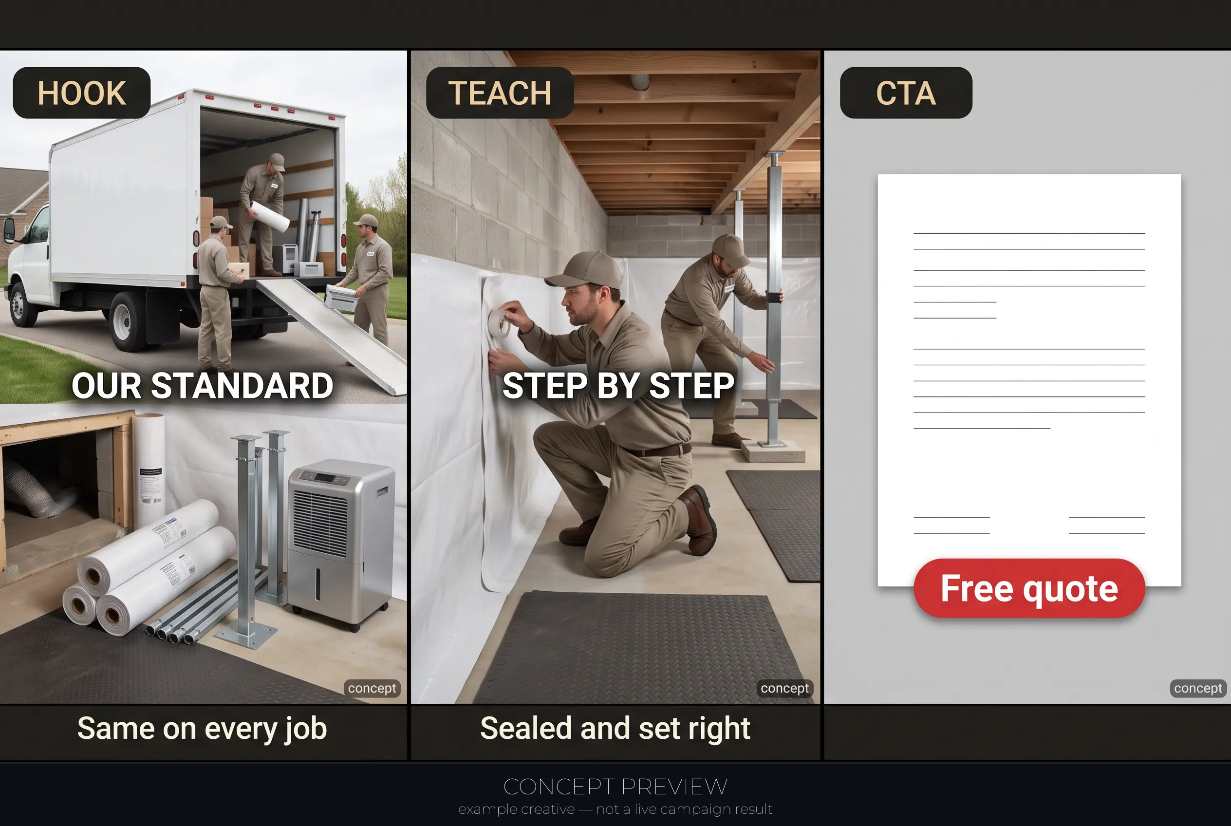 Crawlspace Repair — Our Documented Crawlspace Repair Standard 3-panel storyboard (hook, teach, CTA) — concept preview, not a live campaign result