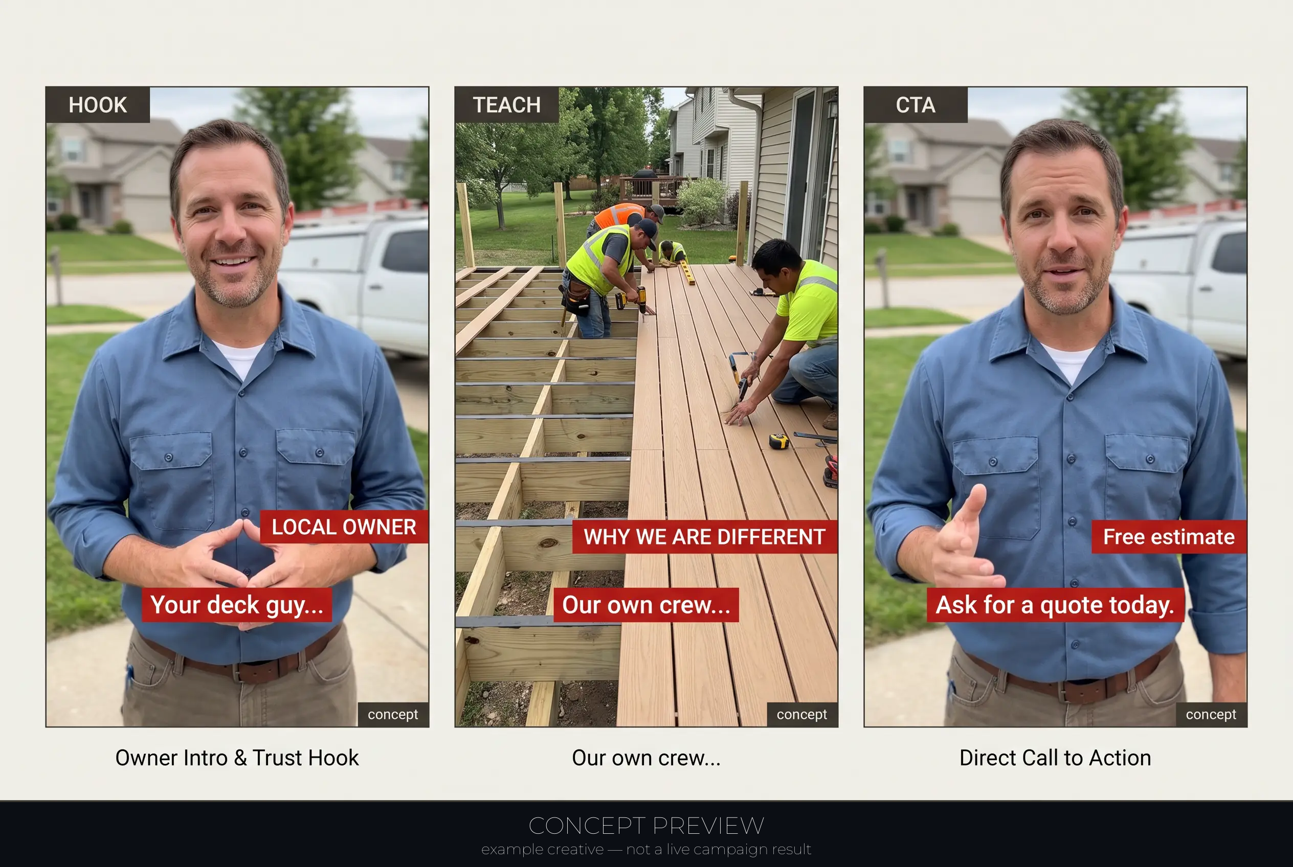 Deck Replacement — Local Owner Intro + Free Deck Estimate Offer 3-panel storyboard (hook, teach, CTA) — concept preview, not a live campaign result