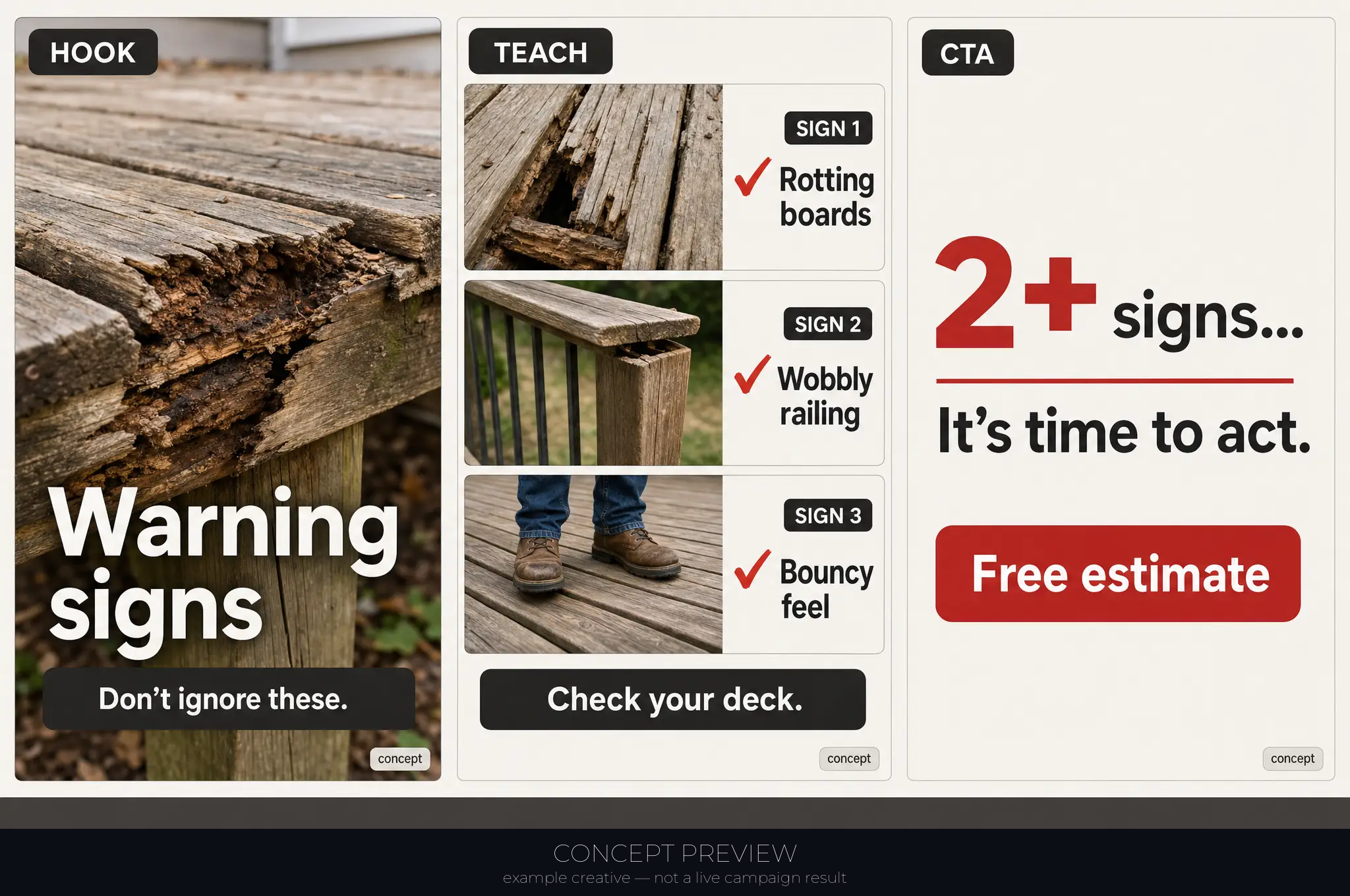 Deck Replacement — 5 Deck Warning Signs Checklist 3-panel storyboard (hook, teach, CTA) — concept preview, not a live campaign result