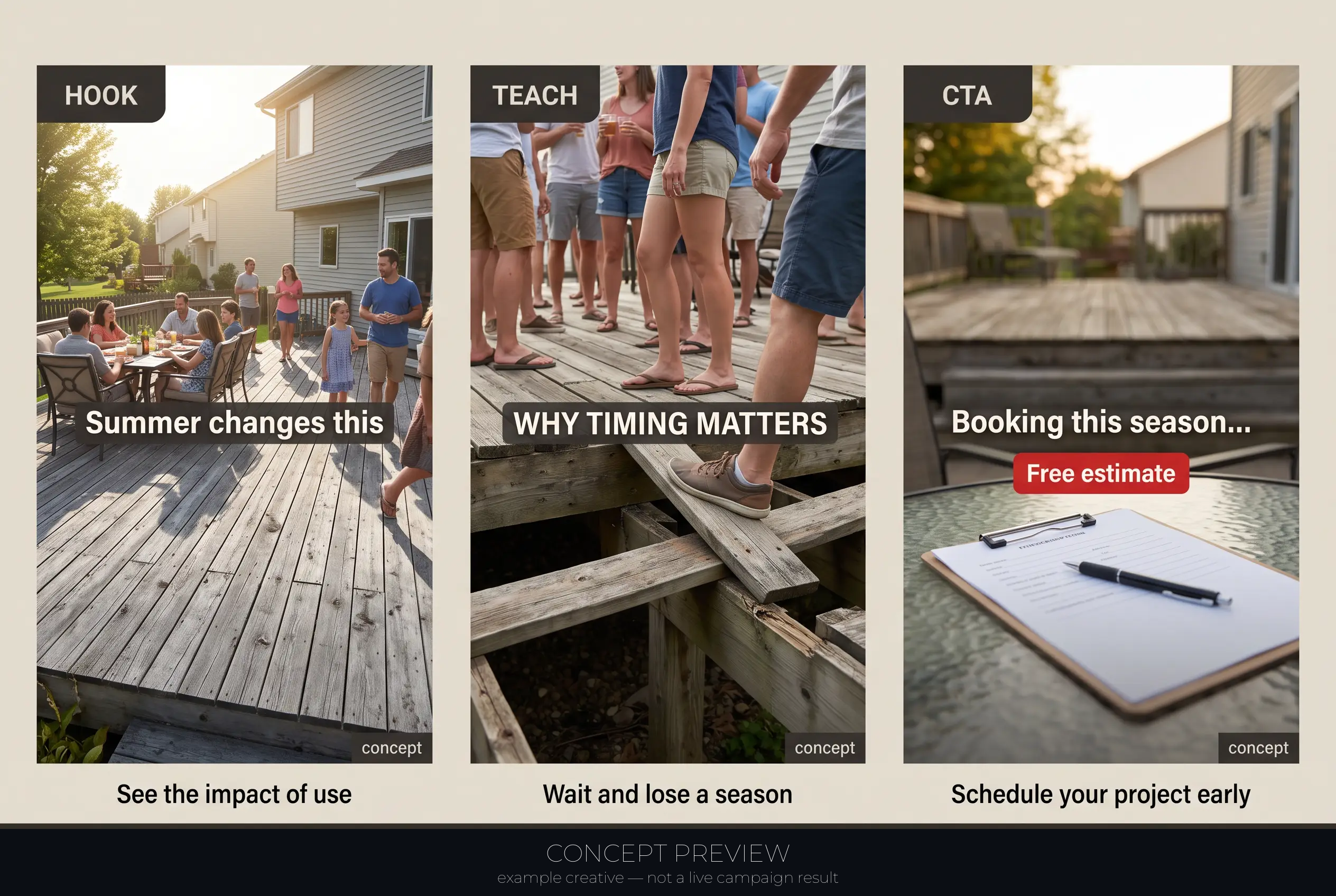 Deck Replacement — Summer Is Deck Season — Rebuild Before It's Busy 3-panel storyboard (hook, teach, CTA) — concept preview, not a live campaign result
