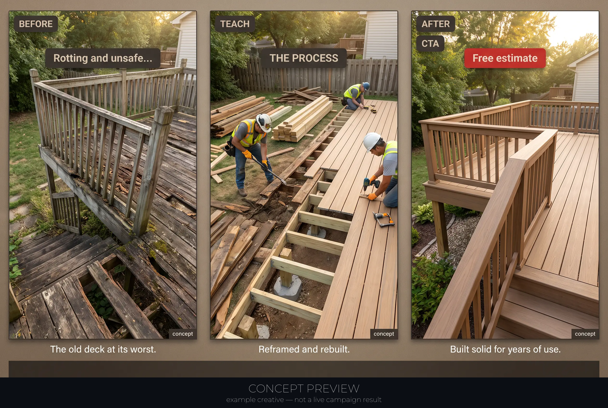 Deck Replacement — Rotten, Wobbly Deck to Solid — One Real Job 3-panel storyboard (hook, teach, CTA) — concept preview, not a live campaign result