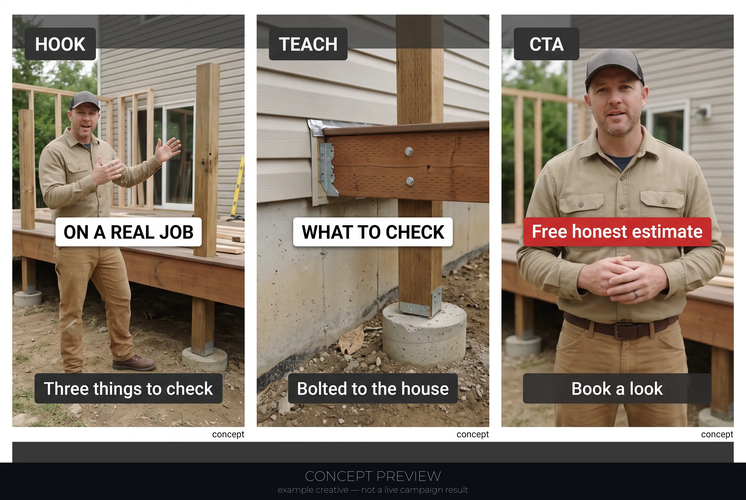 Deck Replacement — On a Real Deck Rebuild — 3 Things Homeowners Never Check 3-panel storyboard (hook, teach, CTA) — concept preview, not a live campaign result