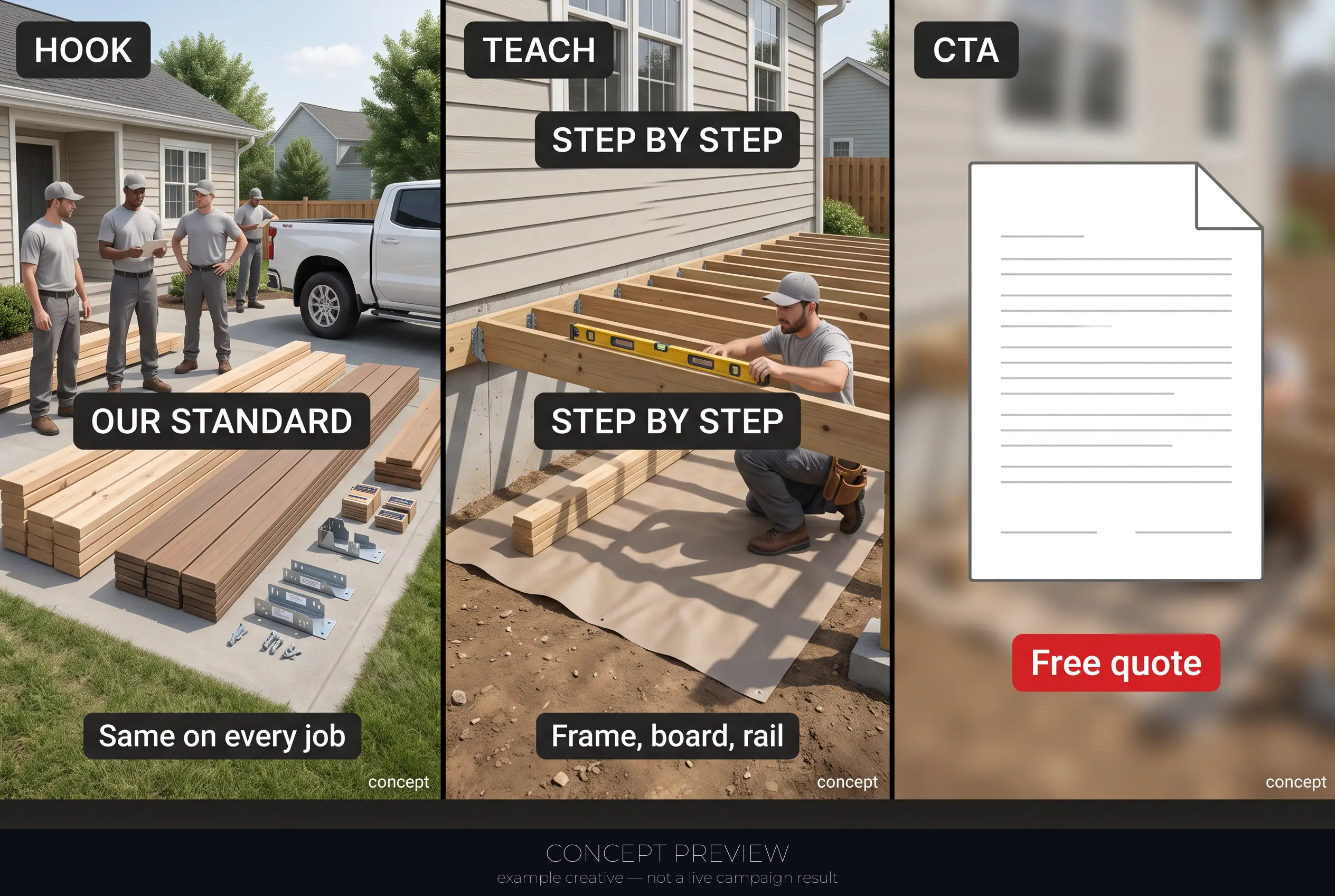 Deck Replacement — Our Documented Deck Replacement Standard 3-panel storyboard (hook, teach, CTA) — concept preview, not a live campaign result