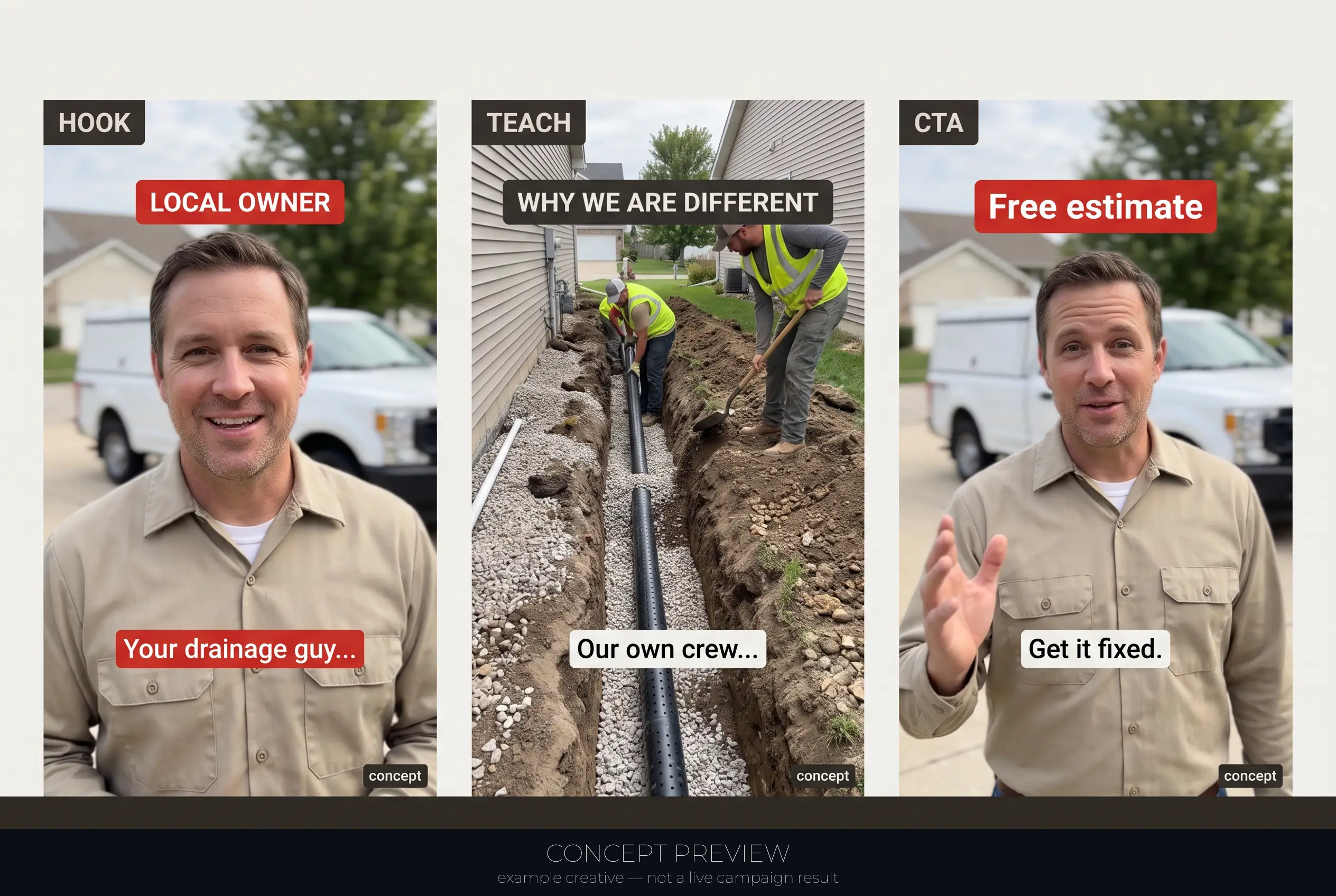 Drainage Correction — Local Owner Intro + Free Drainage Estimate Offer 3-panel storyboard (hook, teach, CTA) — concept preview, not a live campaign result