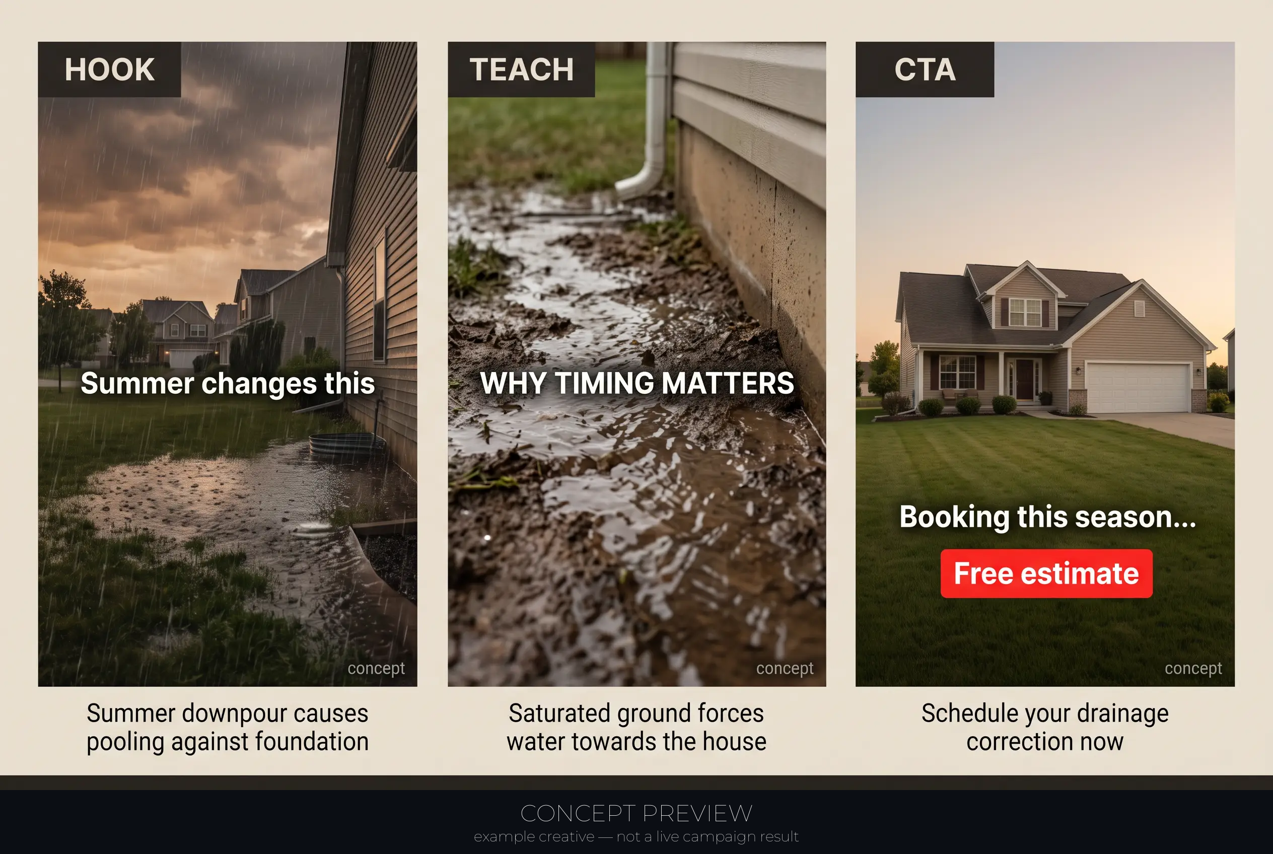 Drainage Correction — Storm-Season Timing — Fix the Grade Before the Flood 3-panel storyboard (hook, teach, CTA) — concept preview, not a live campaign result