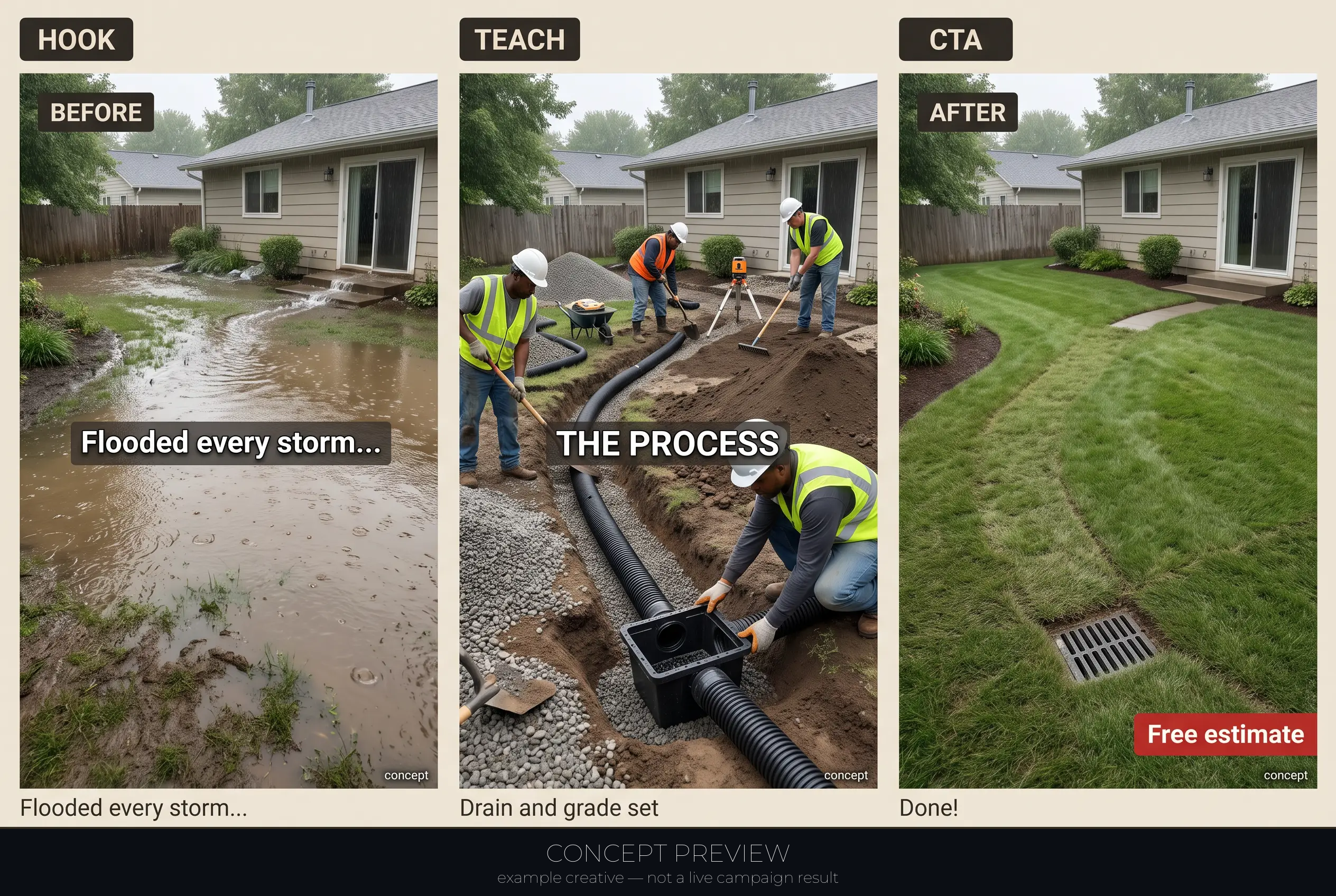 Drainage Correction — Flooded Yard to Dry — One Real Drainage Job 3-panel storyboard (hook, teach, CTA) — concept preview, not a live campaign result