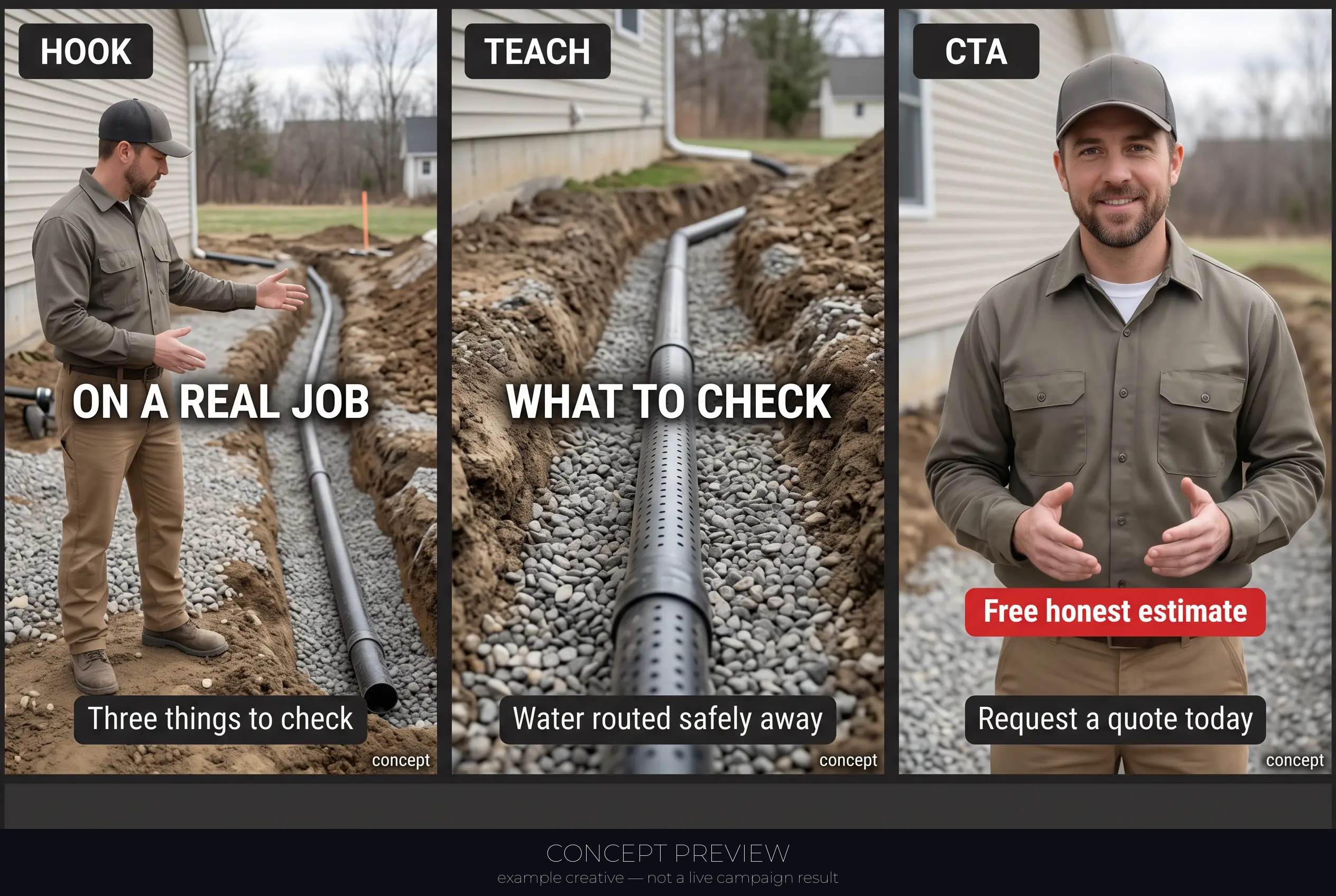 Drainage Correction — On a Real Drainage Job — 3 Things Homeowners Never Check 3-panel storyboard (hook, teach, CTA) — concept preview, not a live campaign result