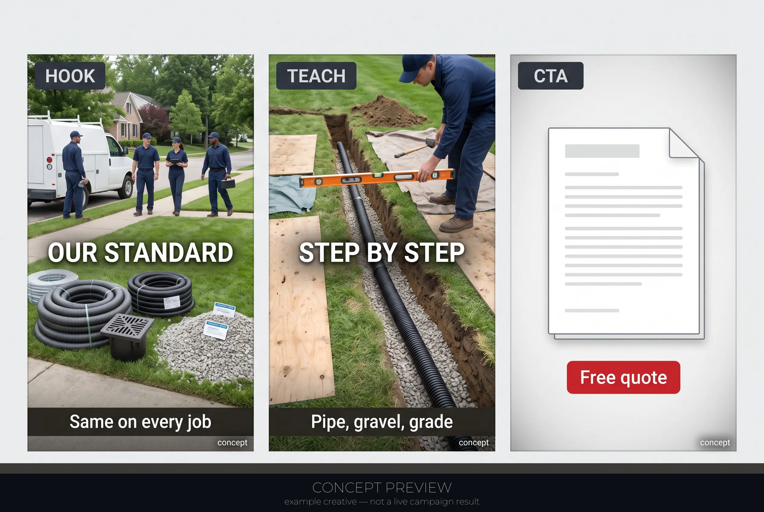 Drainage Correction — Our Documented Drainage Correction Standard 3-panel storyboard (hook, teach, CTA) — concept preview, not a live campaign result