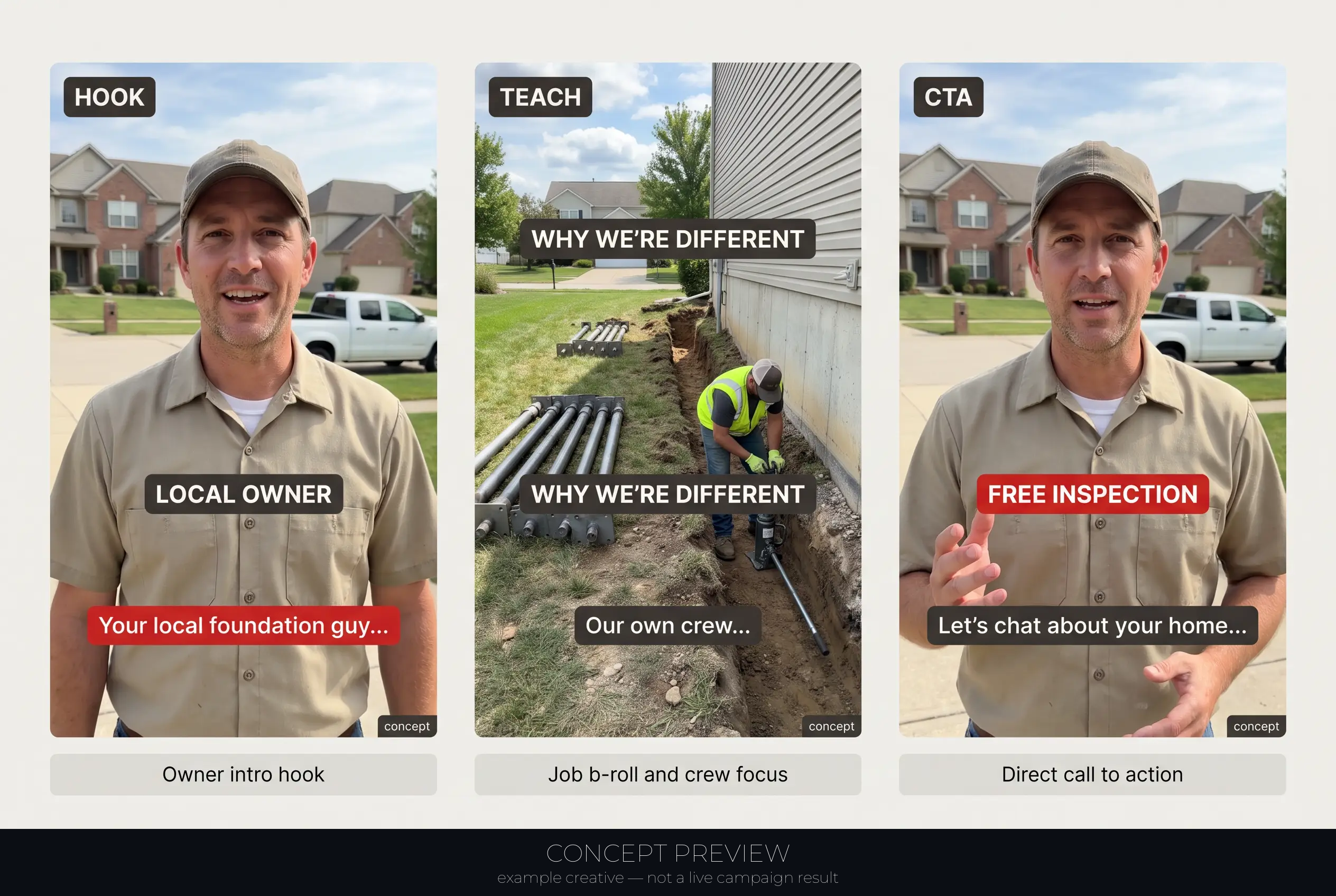 Foundation Repair — Local Owner Intro + Free Foundation Inspection Offer 3-panel storyboard (hook, teach, CTA) — concept preview, not a live campaign result