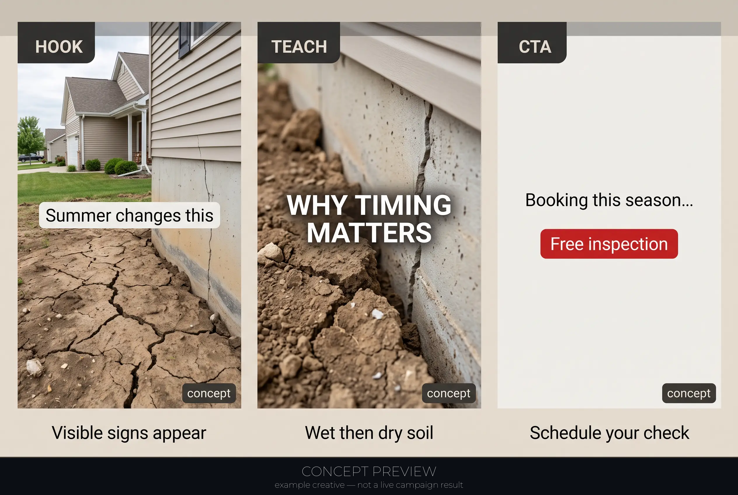 Foundation Repair — Summer Soil Timing — Fix Before Cracks Grow 3-panel storyboard (hook, teach, CTA) — concept preview, not a live campaign result