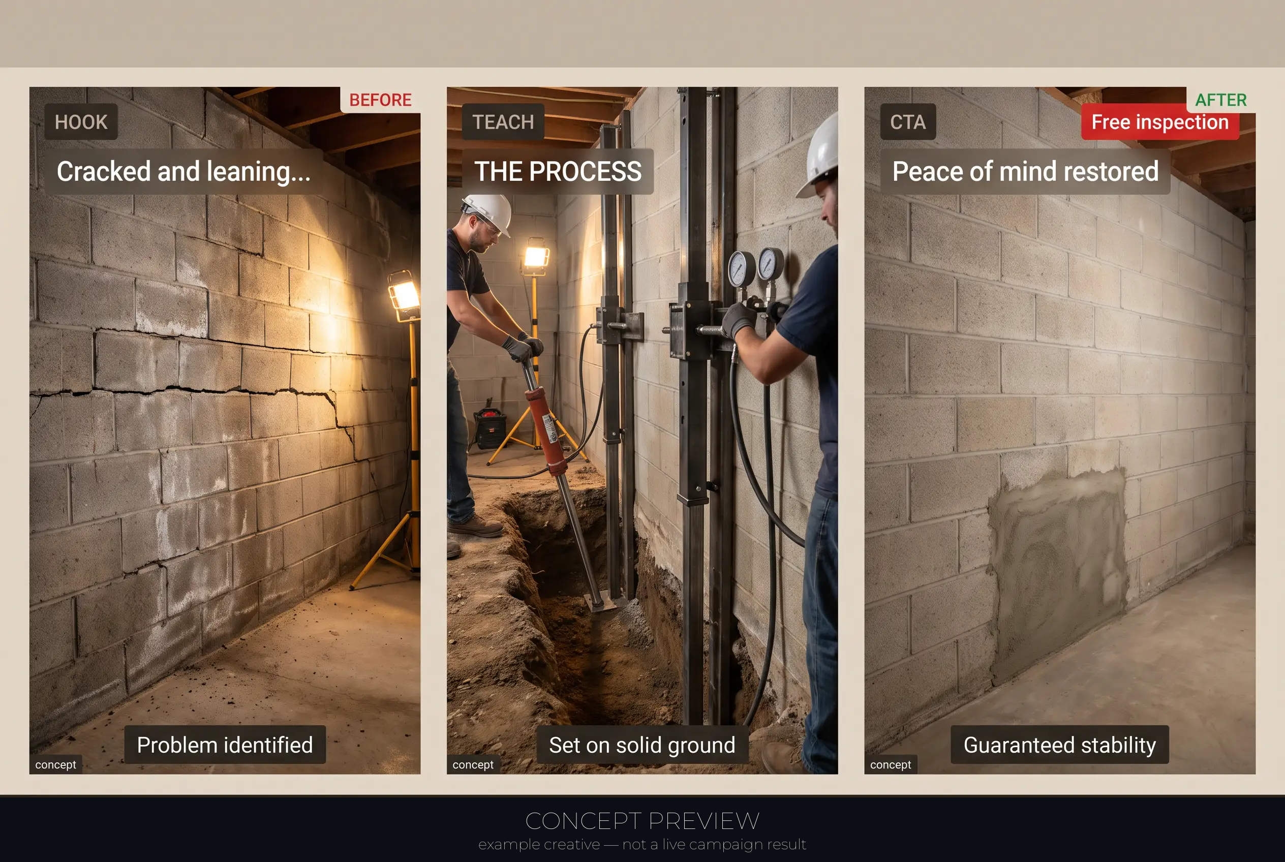 Foundation Repair — Cracked, Leaning Wall to Solid — One Real Job 3-panel storyboard (hook, teach, CTA) — concept preview, not a live campaign result