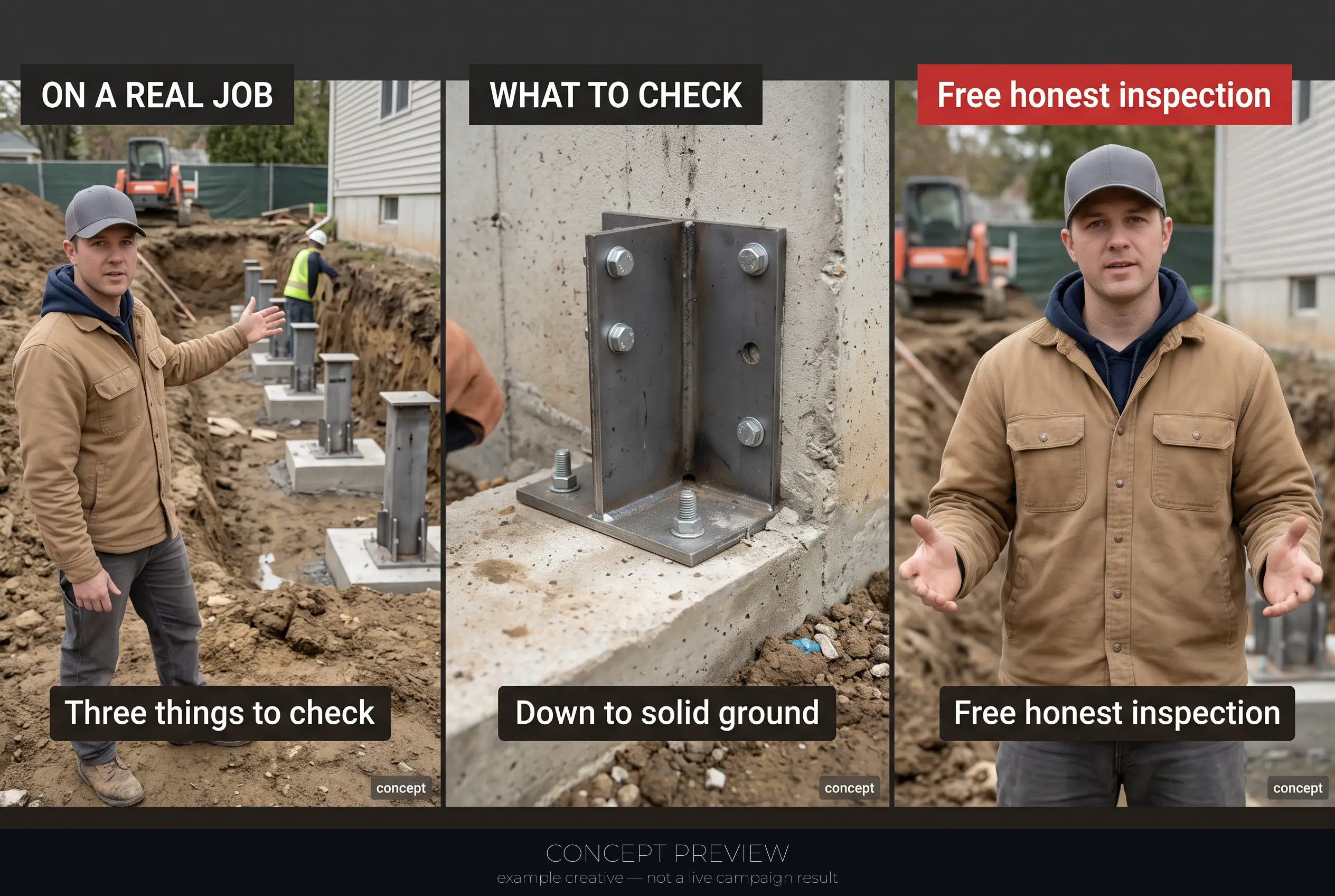 Foundation Repair — On a Real Pier Job — 3 Things Homeowners Never Check 3-panel storyboard (hook, teach, CTA) — concept preview, not a live campaign result