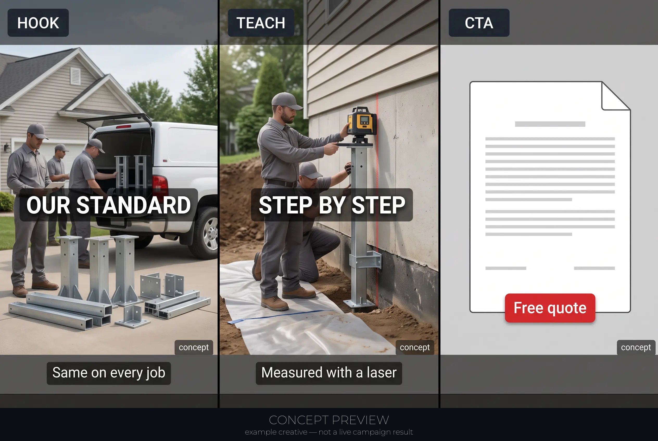 Foundation Repair — Our Documented Foundation Repair Standard 3-panel storyboard (hook, teach, CTA) — concept preview, not a live campaign result