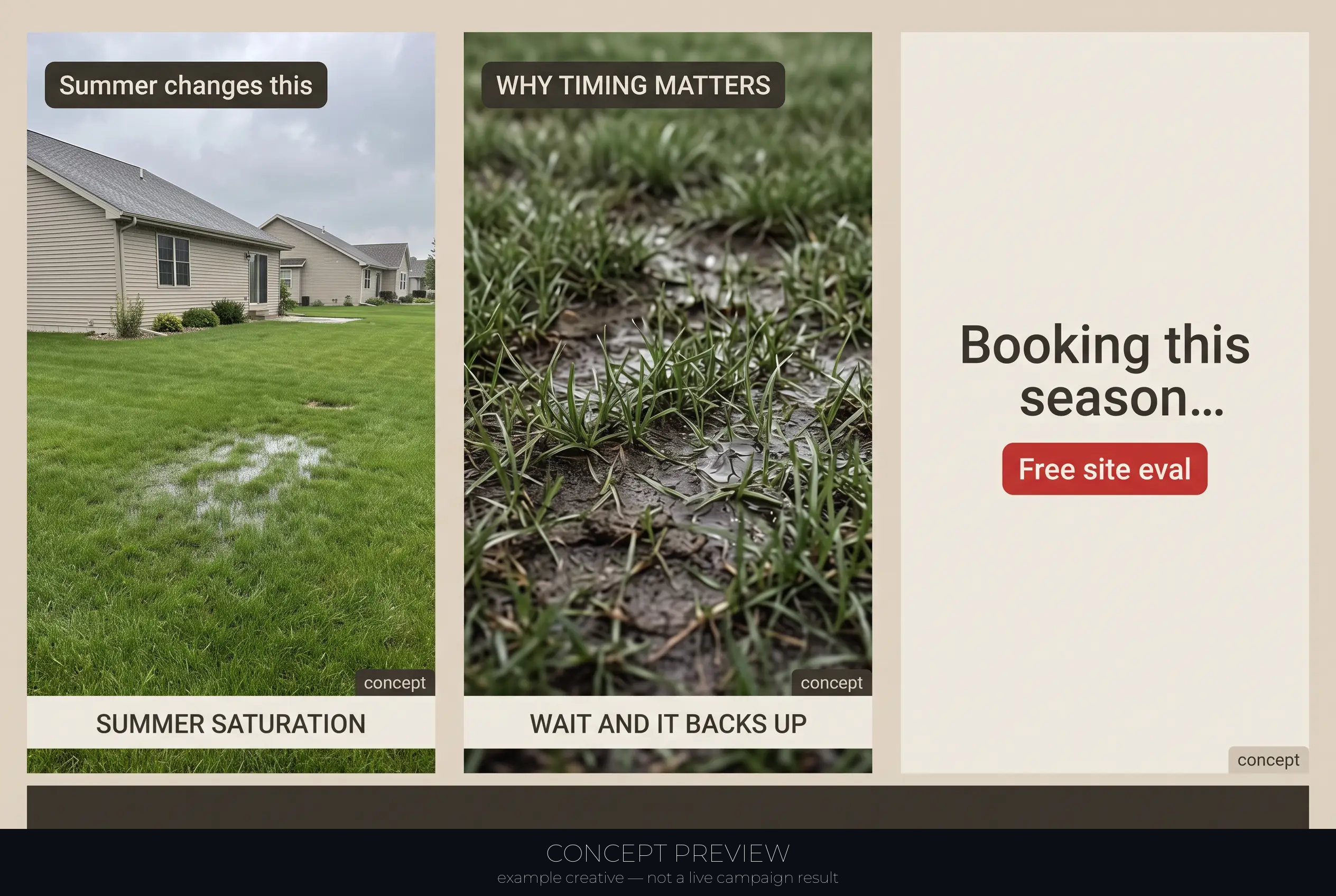 Septic Replacement — Summer Load Timing — Fix Before It Backs Up 3-panel storyboard (hook, teach, CTA) — concept preview, not a live campaign result