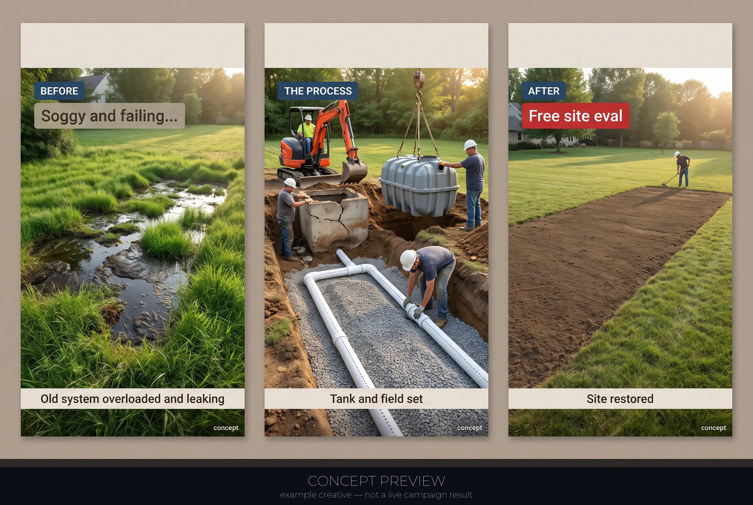 Septic Replacement — Failing, Soggy Field to Clean Yard — One Real Job 3-panel storyboard (hook, teach, CTA) — concept preview, not a live campaign result