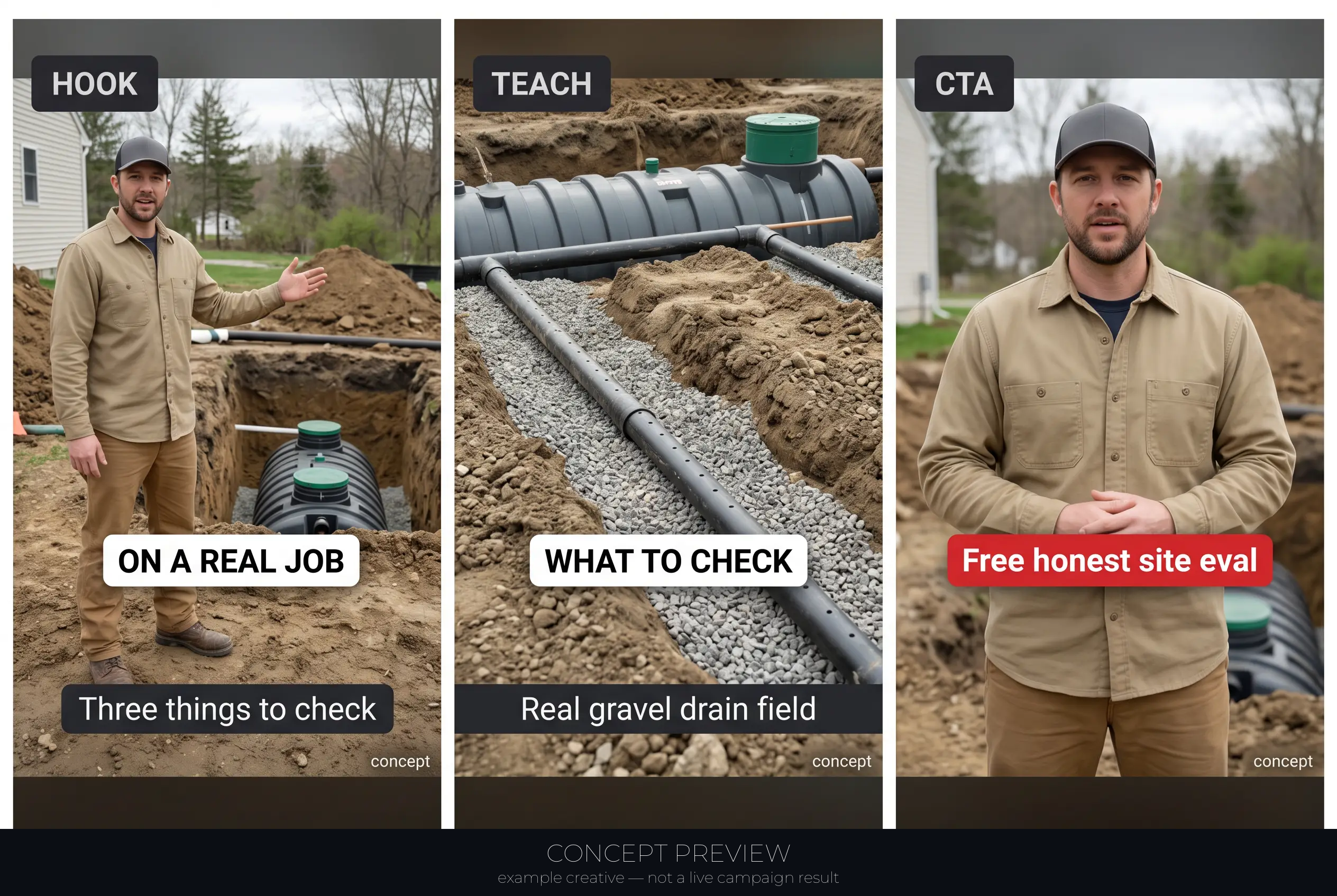 Septic Replacement — On a Real Septic Job — 3 Things Homeowners Never Check 3-panel storyboard (hook, teach, CTA) — concept preview, not a live campaign result
