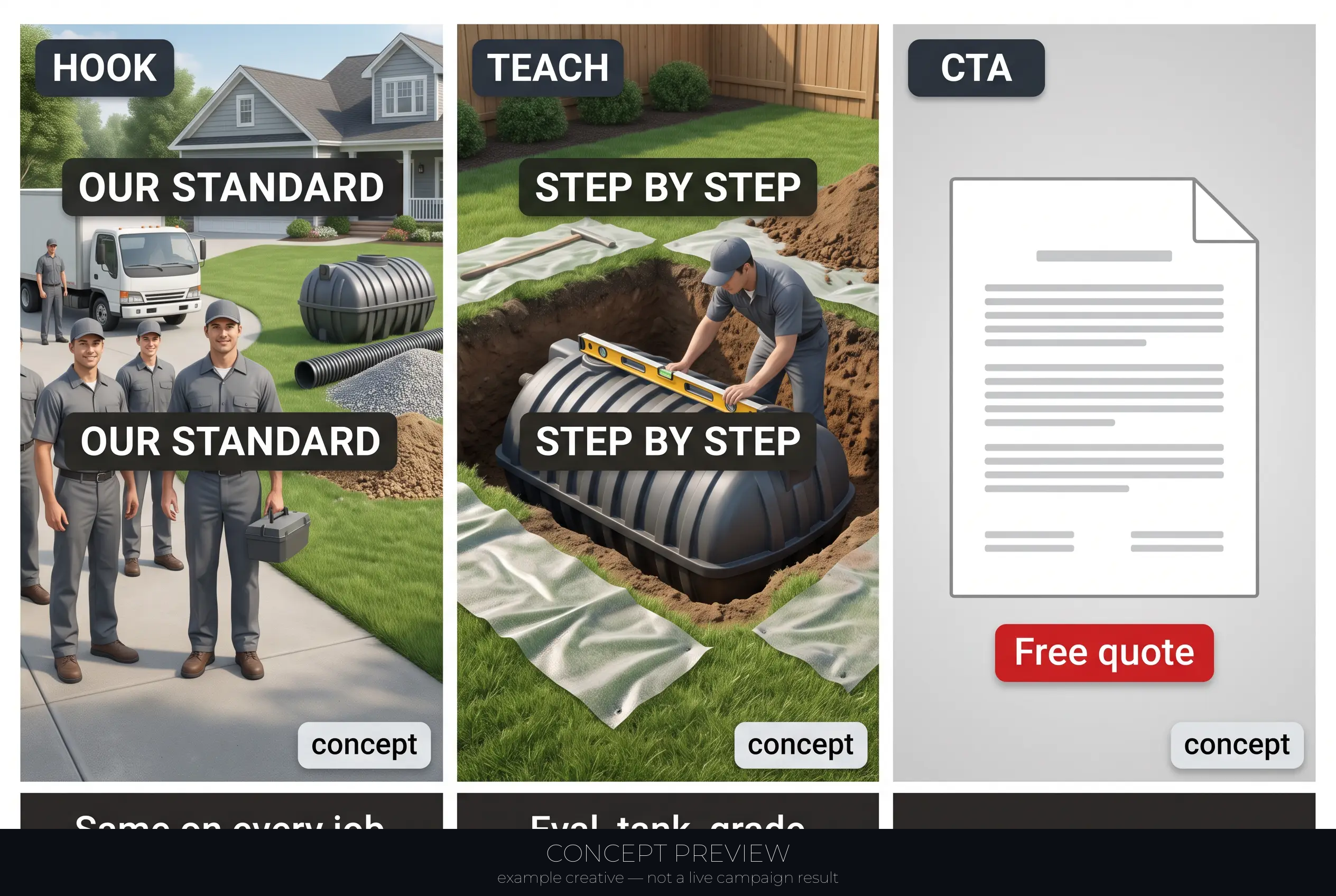 Septic Replacement — Our Documented Septic Install Standard 3-panel storyboard (hook, teach, CTA) — concept preview, not a live campaign result