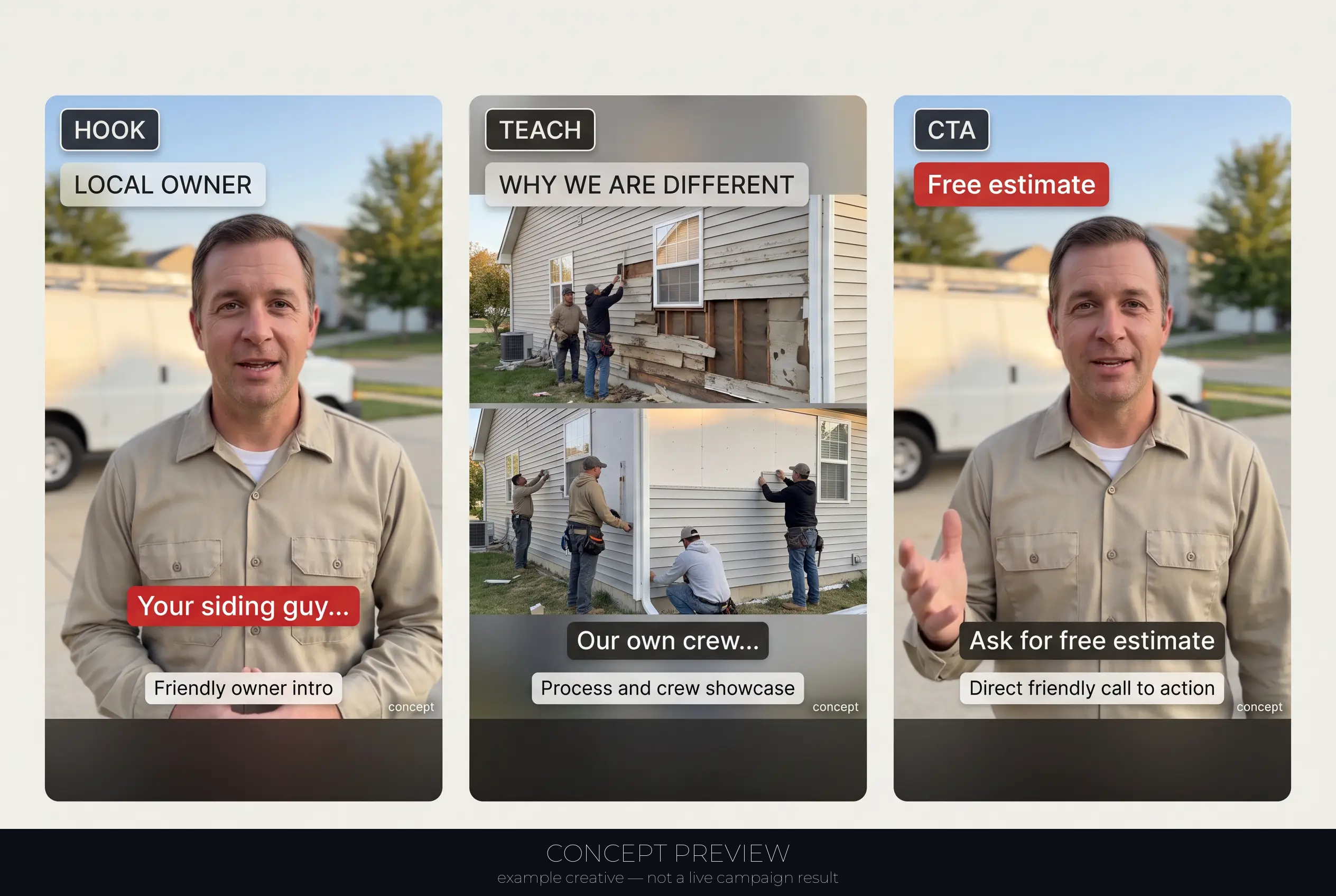 Siding Replacement — Local Owner Intro + Free Siding Estimate Offer 3-panel storyboard (hook, teach, CTA) — concept preview, not a live campaign result
