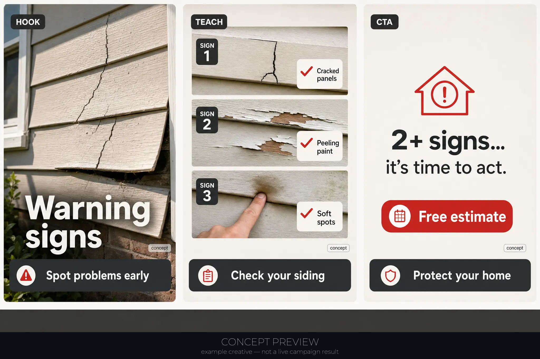Siding Replacement — 5 Siding Warning Signs Checklist 3-panel storyboard (hook, teach, CTA) — concept preview, not a live campaign result