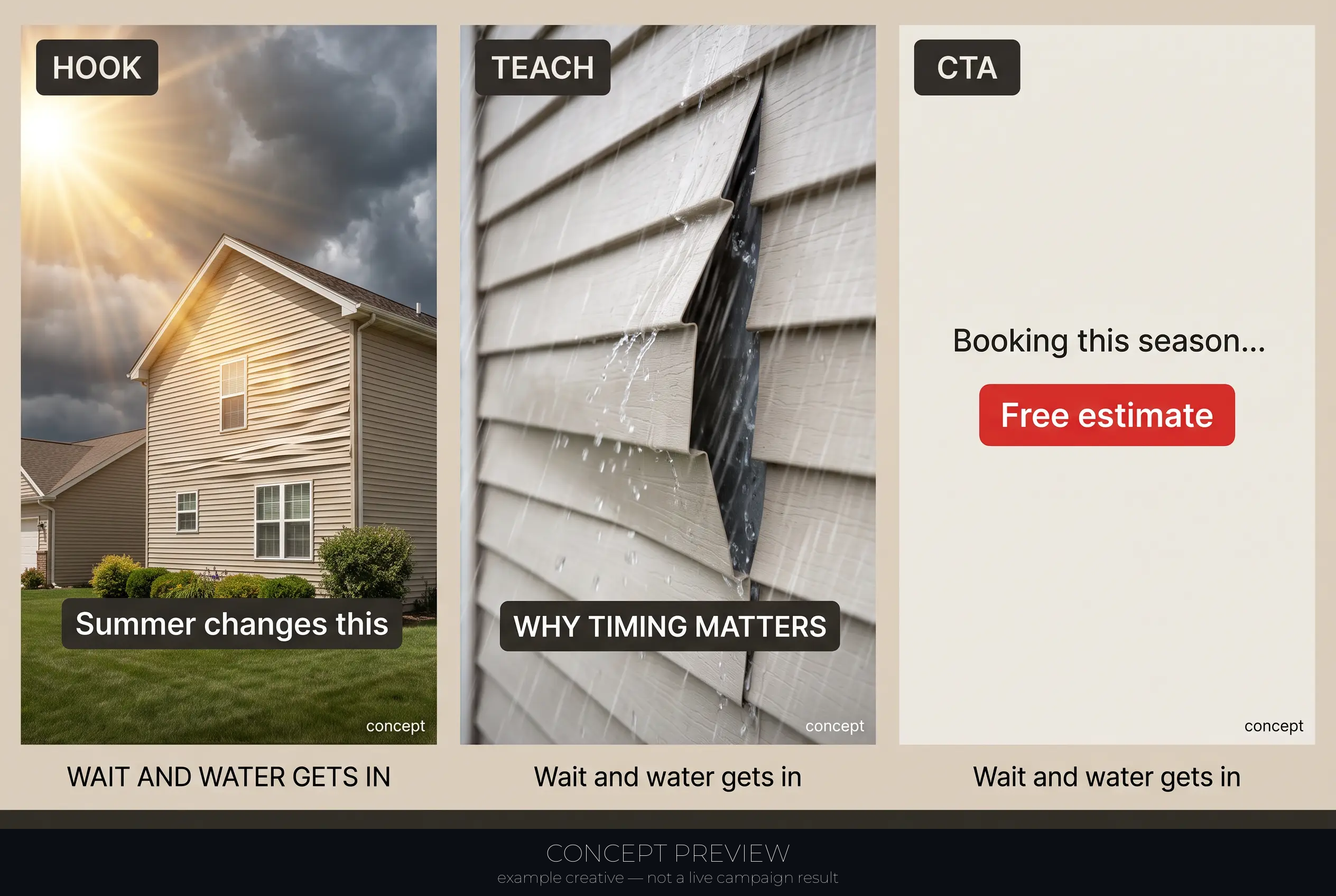 Siding Replacement — Summer Heat + Storms — Reside Before It Gets Worse 3-panel storyboard (hook, teach, CTA) — concept preview, not a live campaign result