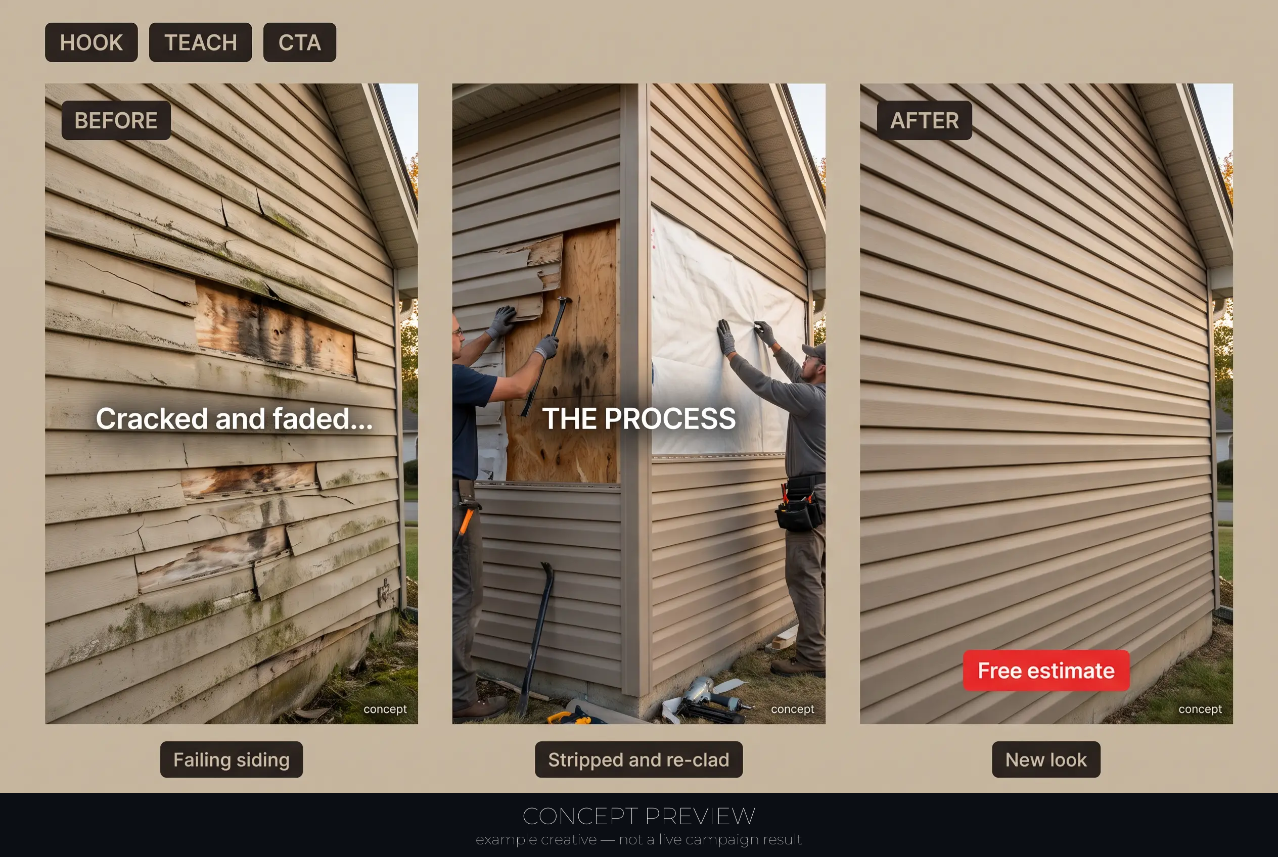 Siding Replacement — Cracked, Faded Siding to Fresh — One Real Job 3-panel storyboard (hook, teach, CTA) — concept preview, not a live campaign result